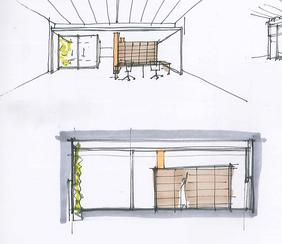 Pair of marker sketches, an interior perspective and a section, showing a timber-clad desk enclosure beside a green planted wall