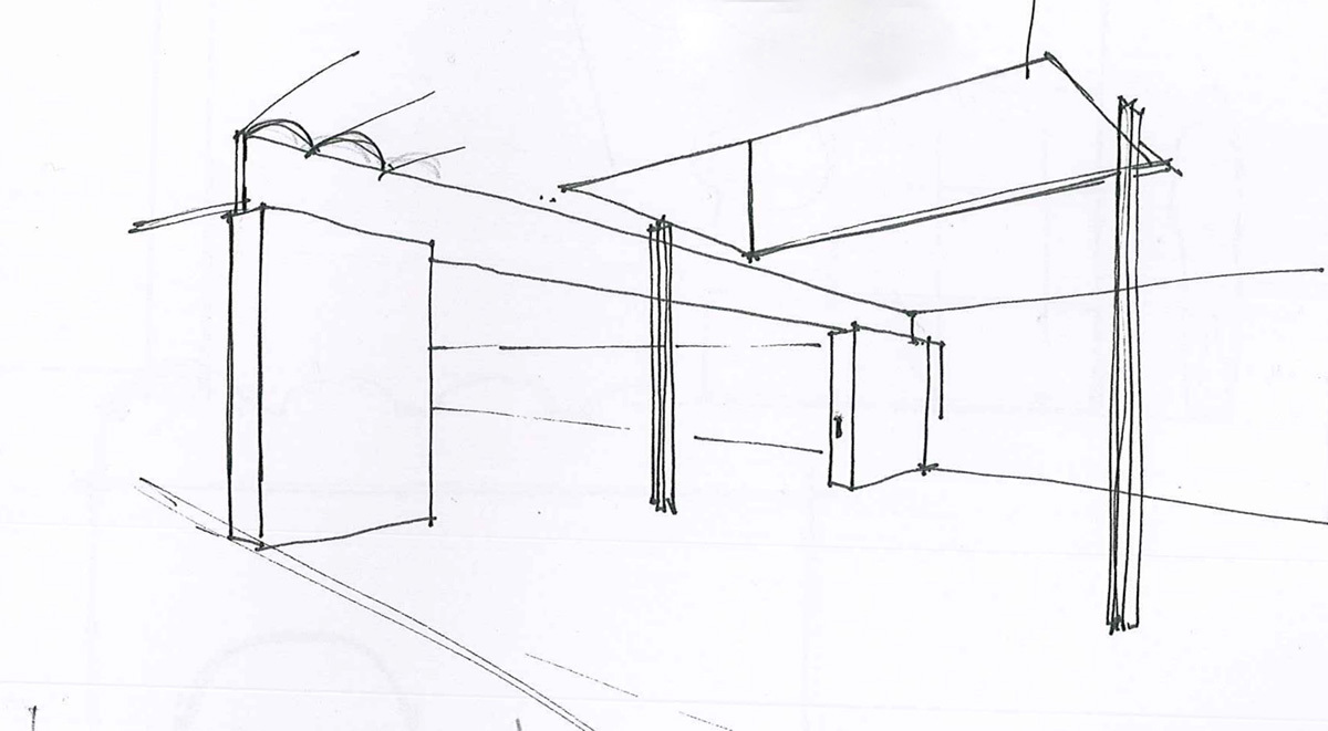 Line perspective sketch of freestanding wall planes, slender columns and a floating roof canopy with small vaulted forms above