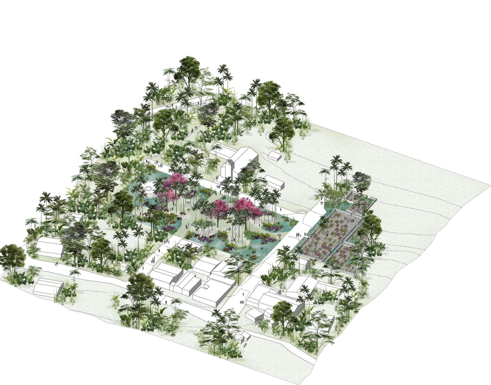 Axonometric drawing of a sloping site with a planted central garden, flowering trees, scattered buildings and a long rectangular structure