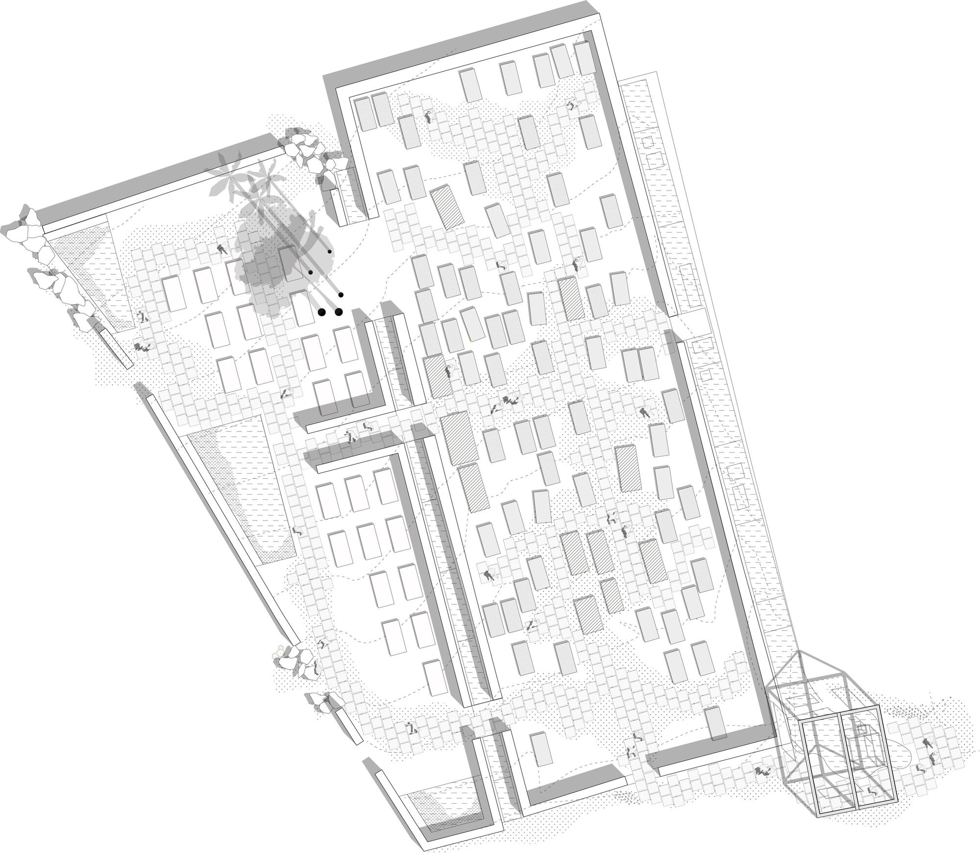 Site plan drawing of a walled garden court with rectangular planting beds, paved paths and a small glass pavilion at one corner