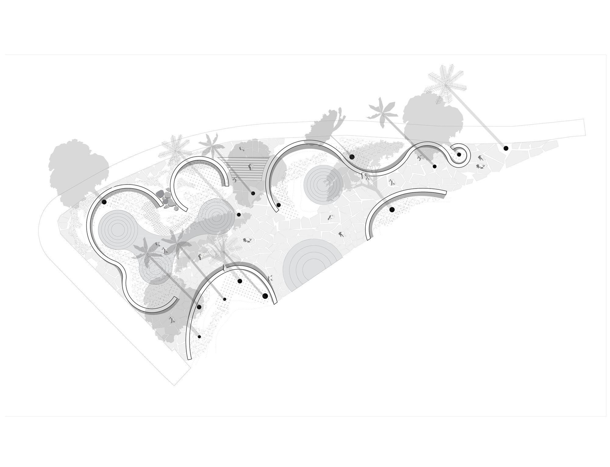 Site plan drawing of curving freestanding walls scattered across a wedge-shaped plot with tree canopies, circular pools and palms
