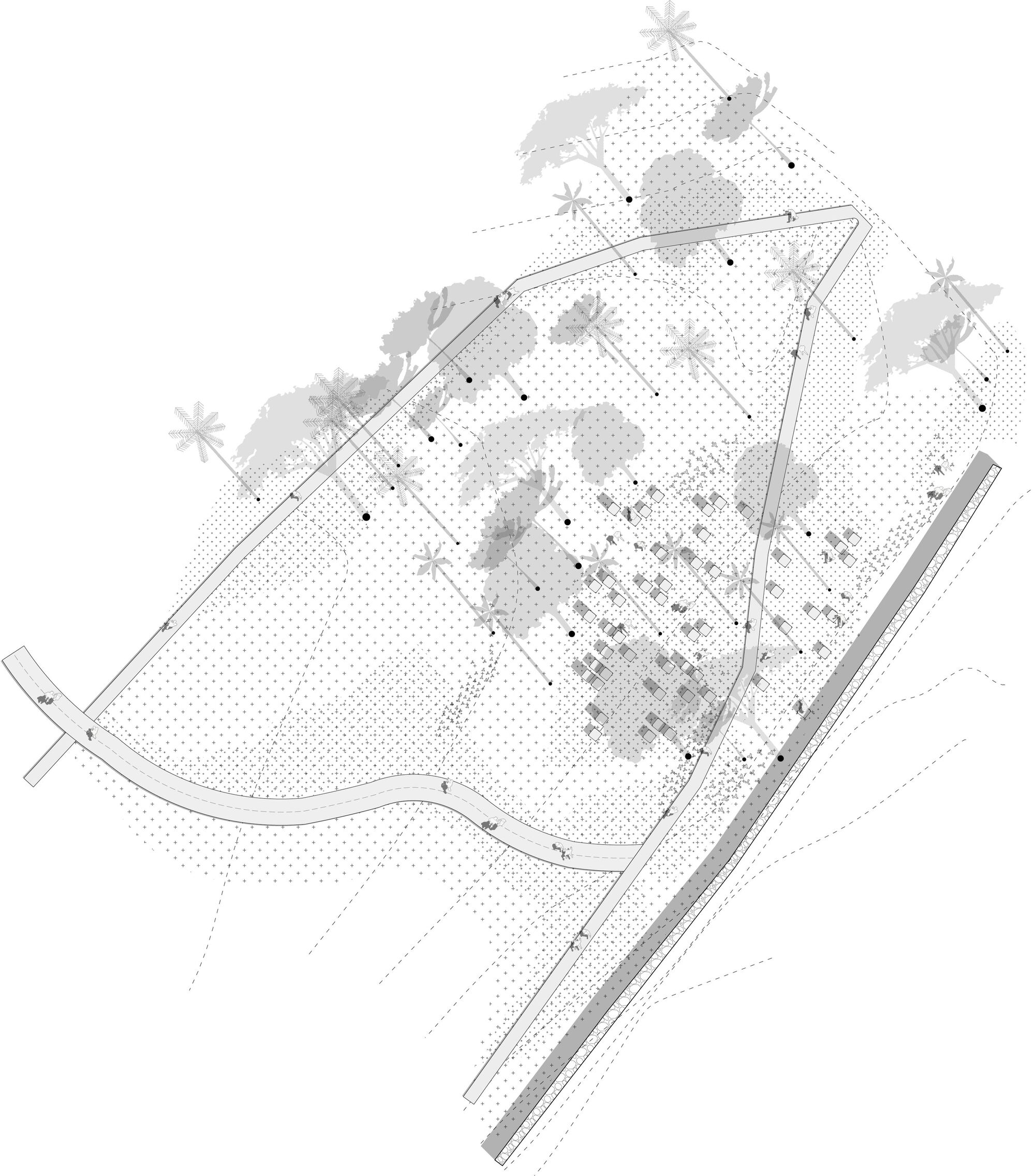 Site plan drawing of a looping path across a stippled hillside with tree canopies, a cluster of small structures and a long linear wall