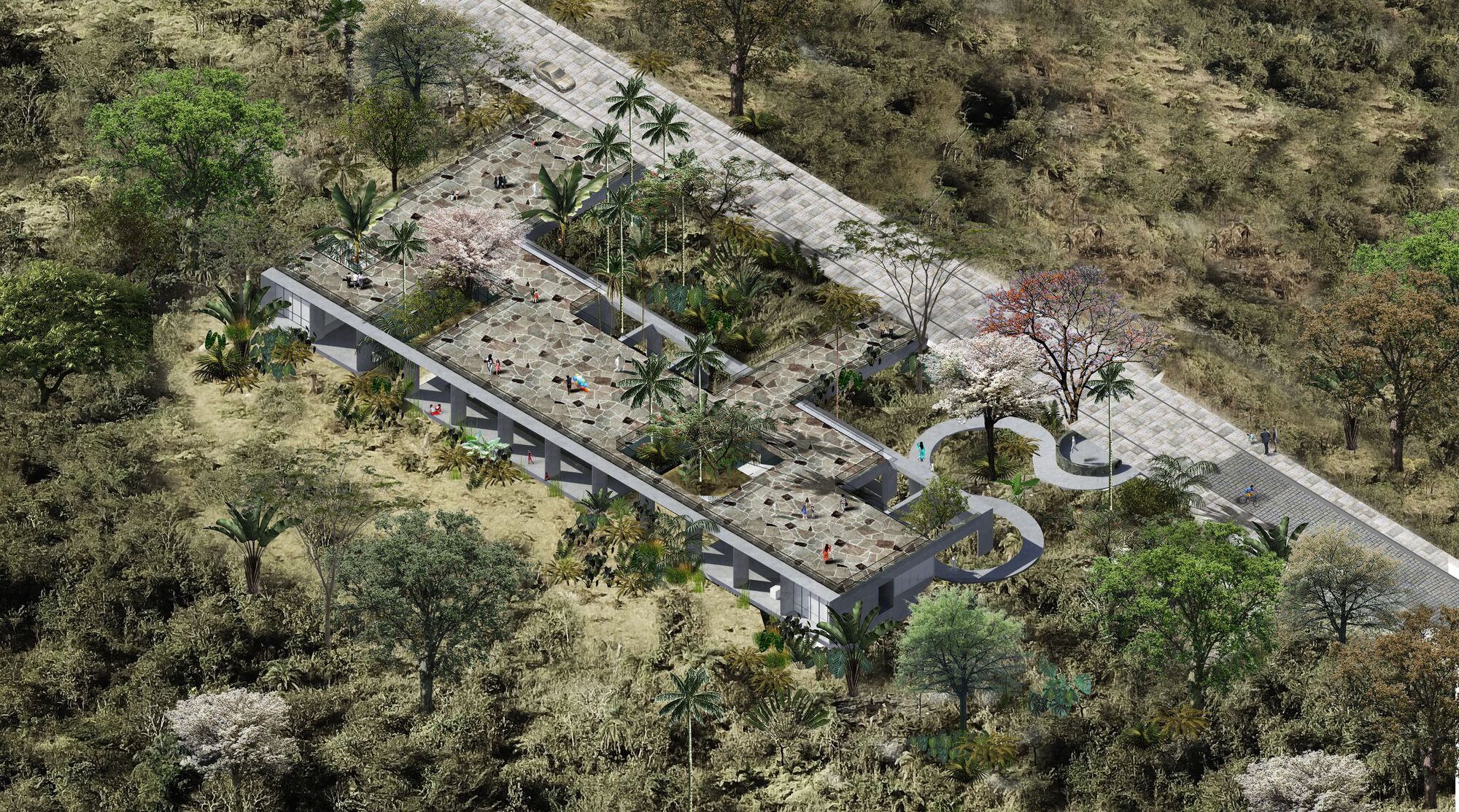 Aerial axonometric view of a low courtyard building with planted roof gardens set in dense hillside vegetation beside a paved road