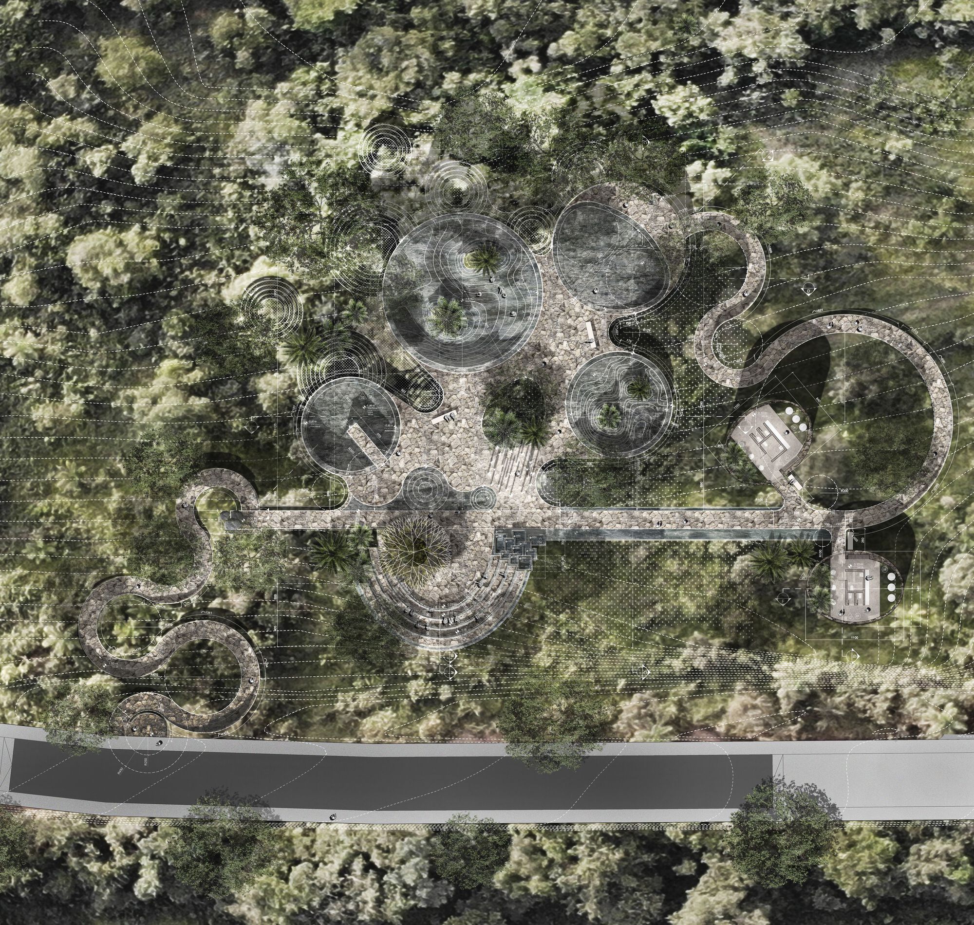 Aerial site plan rendering of circular pools, stone paths and a long linear walkway within dense forest canopy beside a road