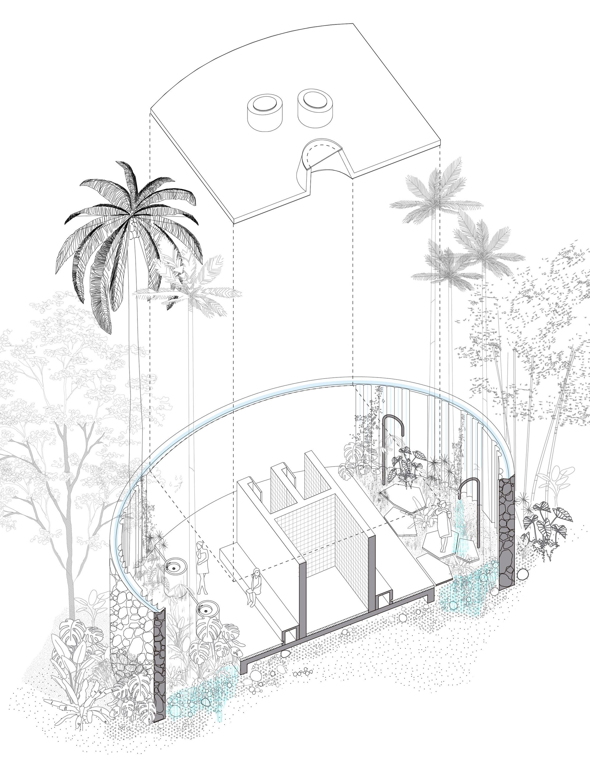 Exploded axonometric drawing of a curved-wall bathhouse with shower stalls, stone-clad ends and palms, with the roof lifted above