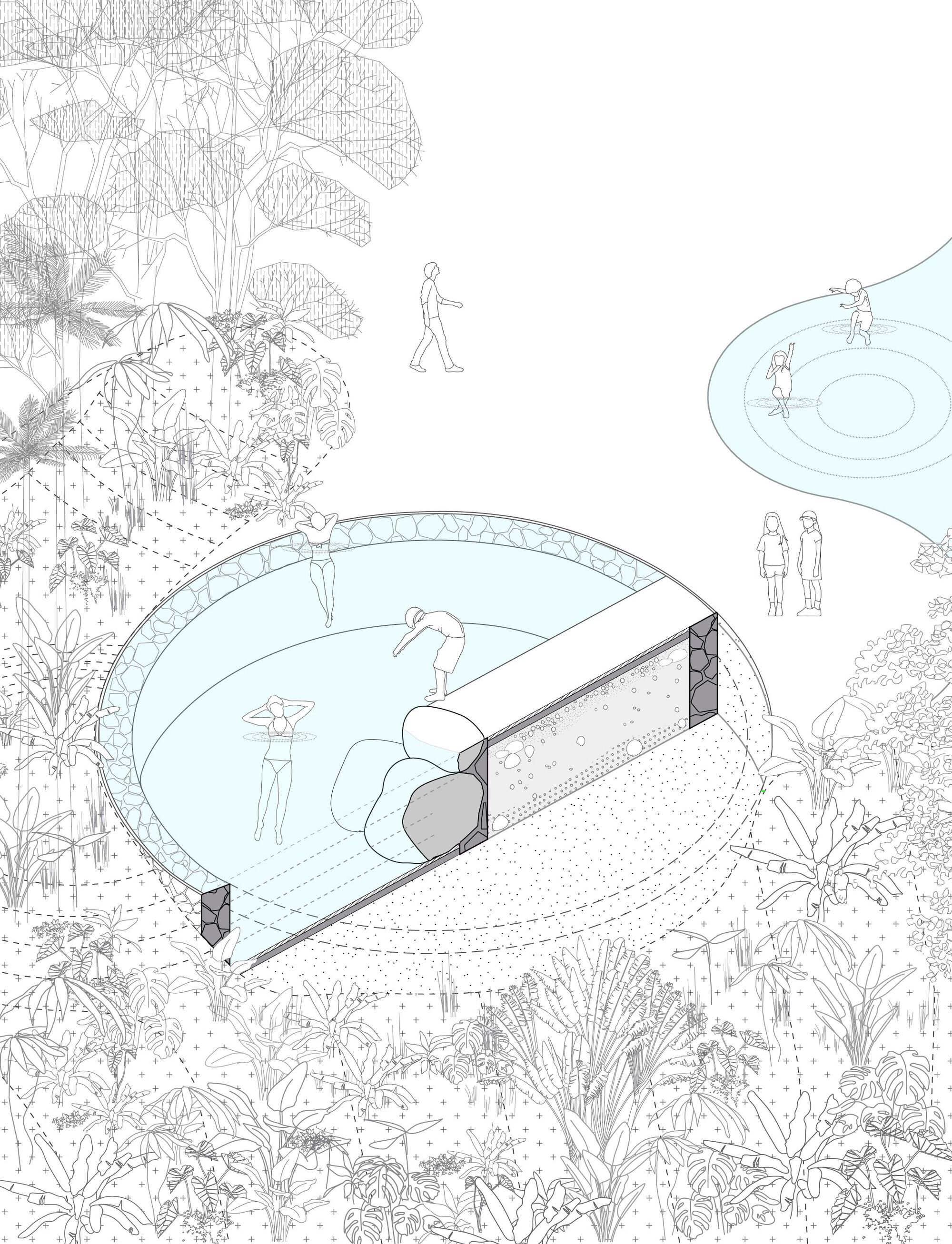 Axonometric cutaway drawing of a circular pool with swimmers, a sectioned stone wall and a shallow ripple pool beyond