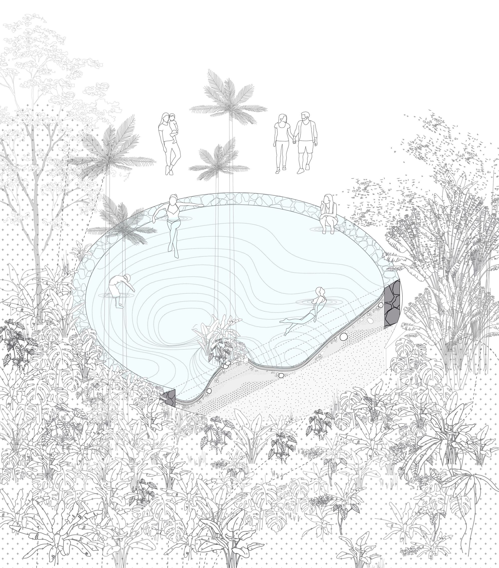 Axonometric drawing of an organic-shaped pool with contour lines, bathers, standing families and palms among dense foliage