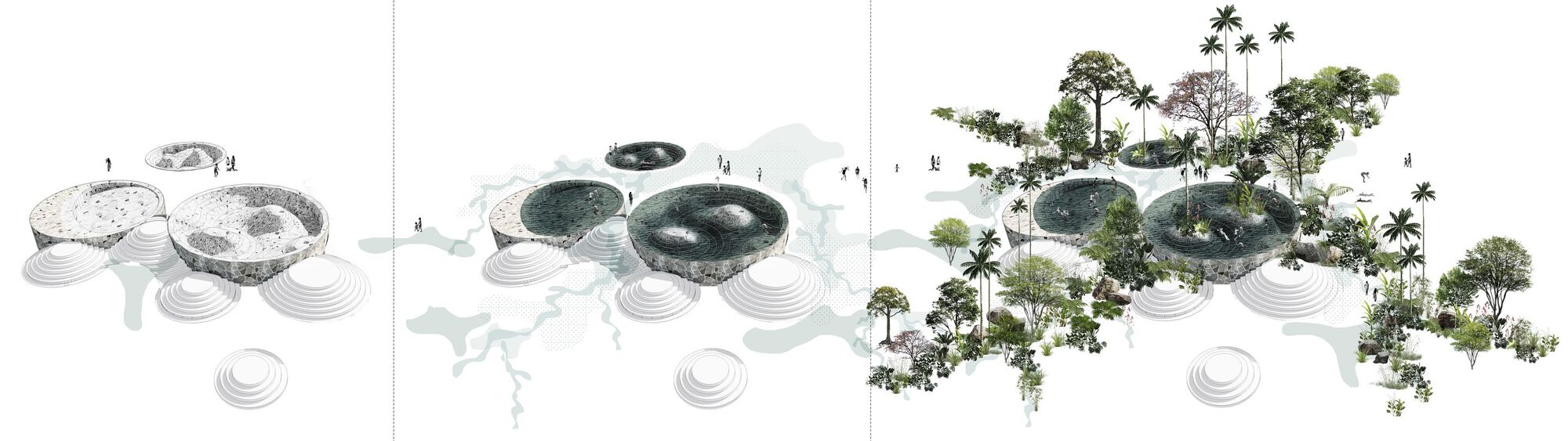 Three-stage axonometric sequence showing stone basins and stepped mounds, then filled with water, then surrounded by dense tropical trees