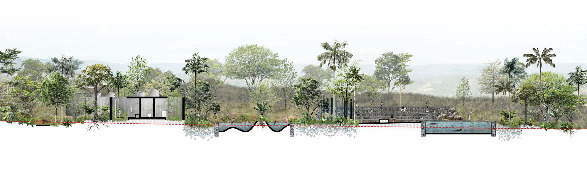 Section drawing through a glazed pavilion, a wave-bottomed pool and tiered seating, with palms and distant hills behind