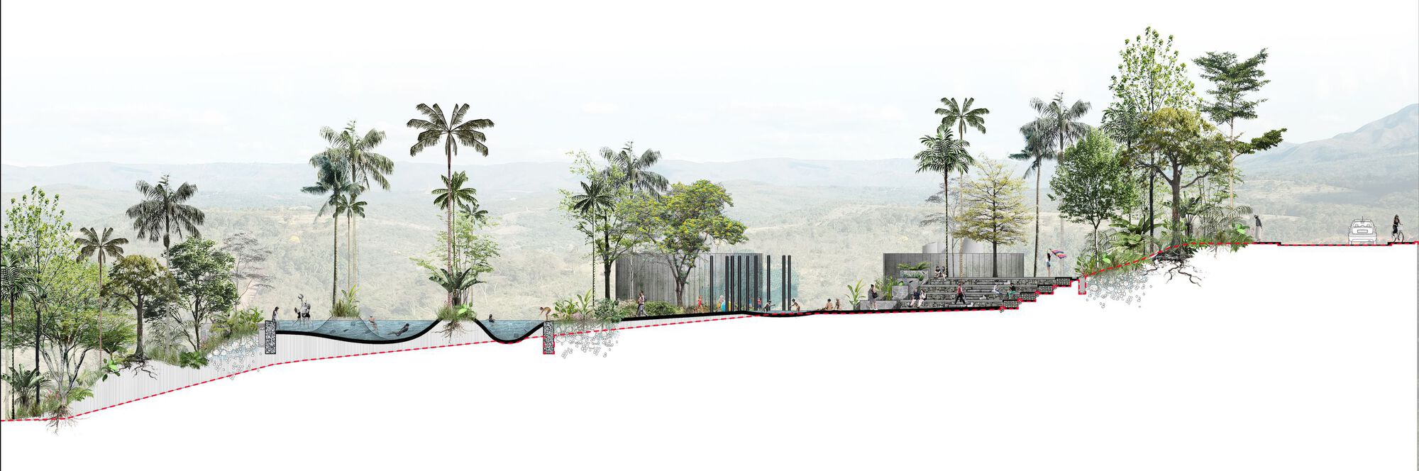 Section drawing down a sloping hillside showing a pool, a pavilion and stepped seating among palms with a valley view beyond