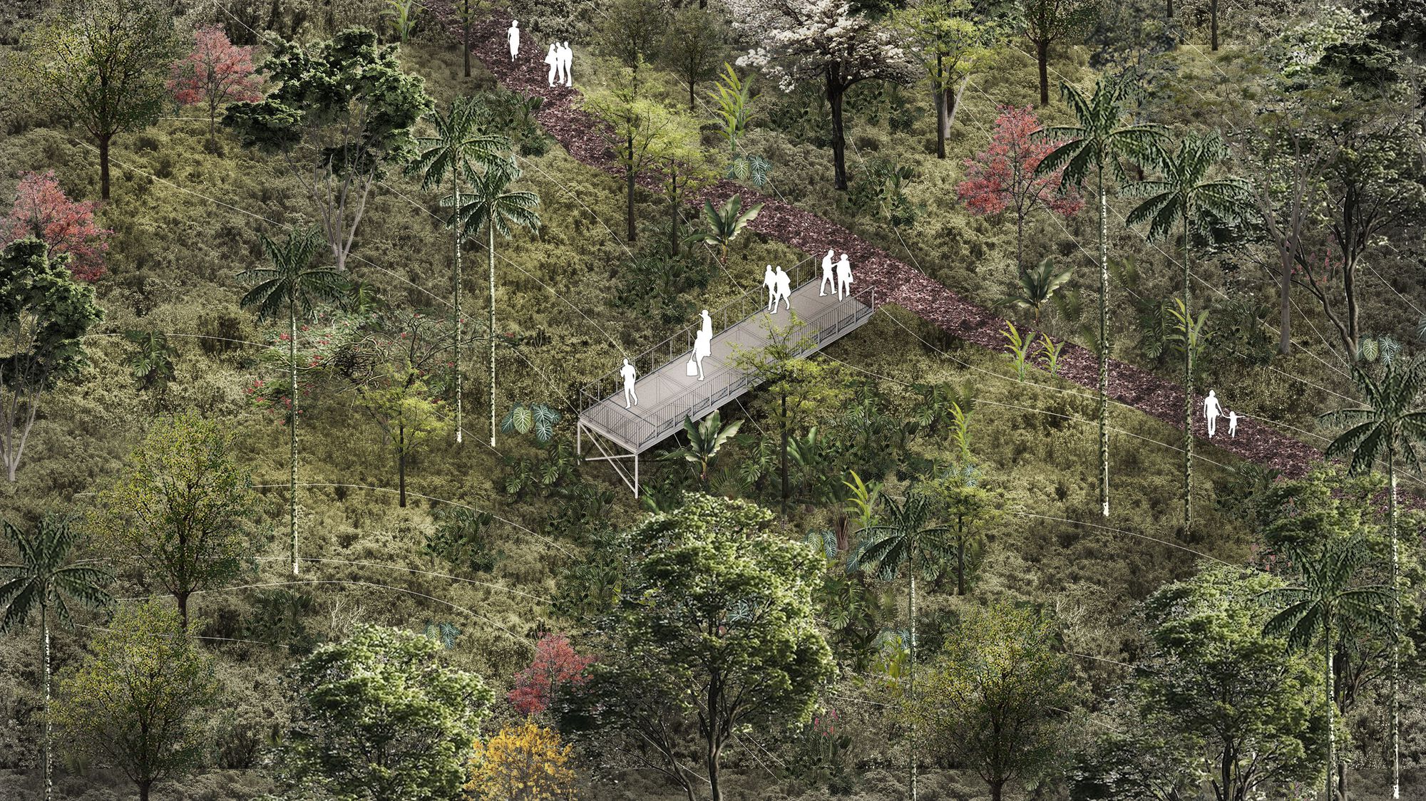 Rendered aerial view of a steel viewing platform on a forested hillside with palms, a red gravel path and walking figures