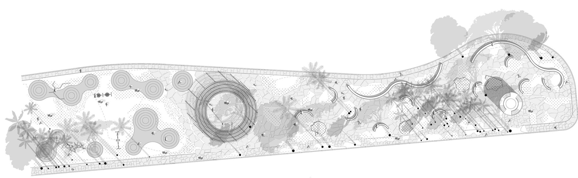 Site plan drawing of a long curving park strip with circular planting beds, a ringed pavilion and scattered tree canopies