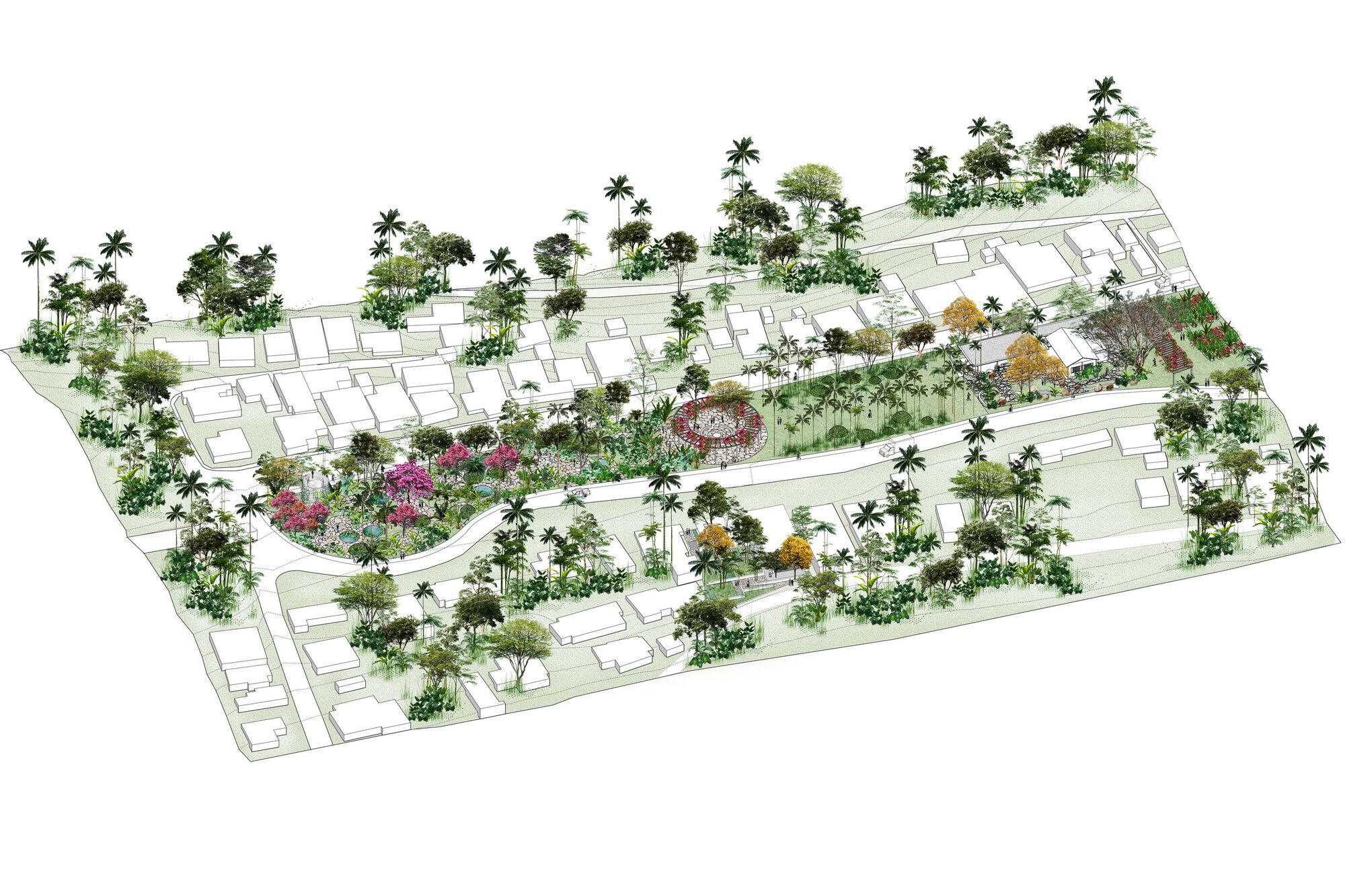 Axonometric drawing of a park running through a hillside neighborhood, with flowering trees, palms and a circular pavilion among low houses