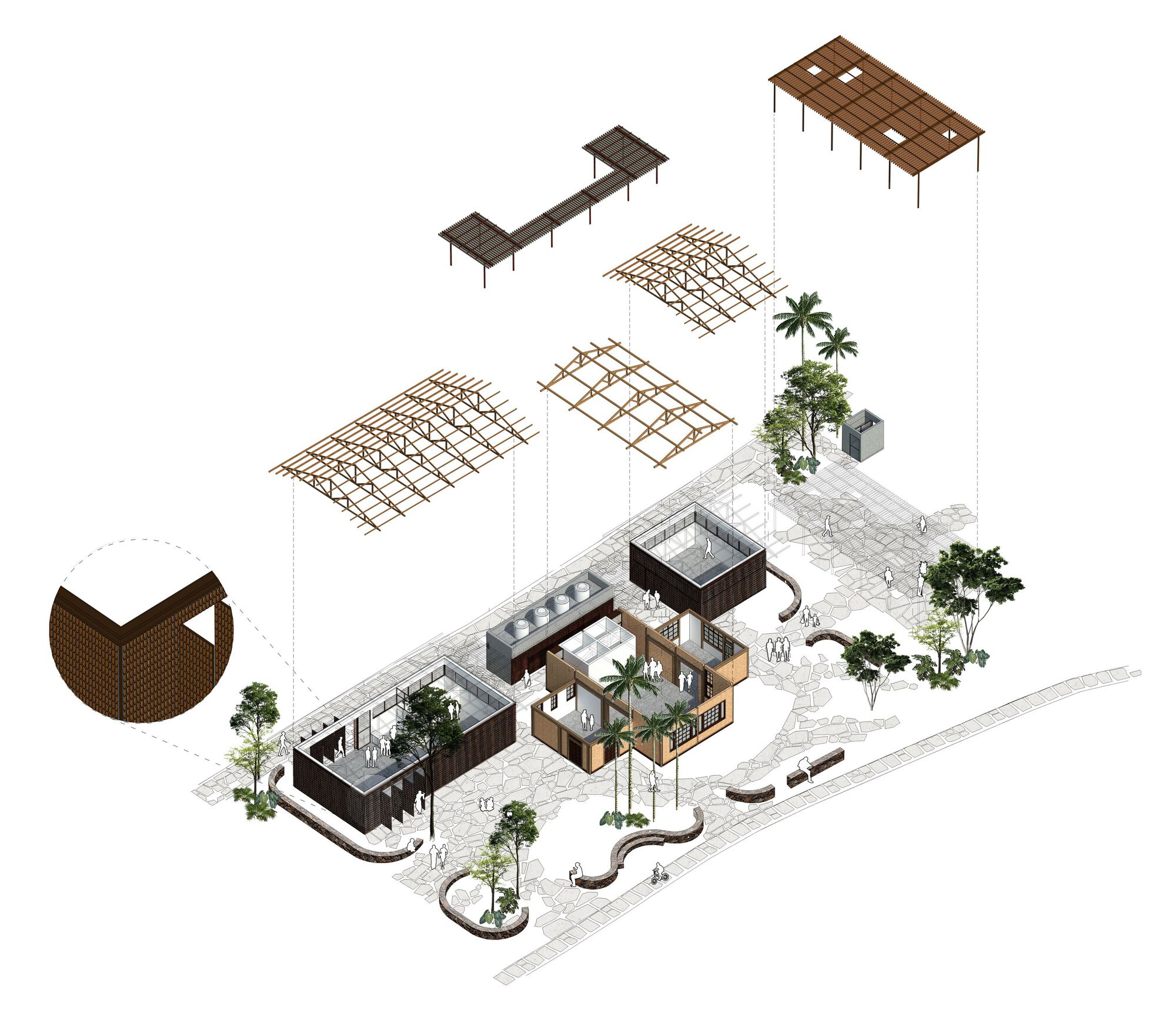 Exploded axonometric drawing lifting timber roof frames above small courtyard buildings, curved stone benches and palms, with a detail circle of the wall claddi