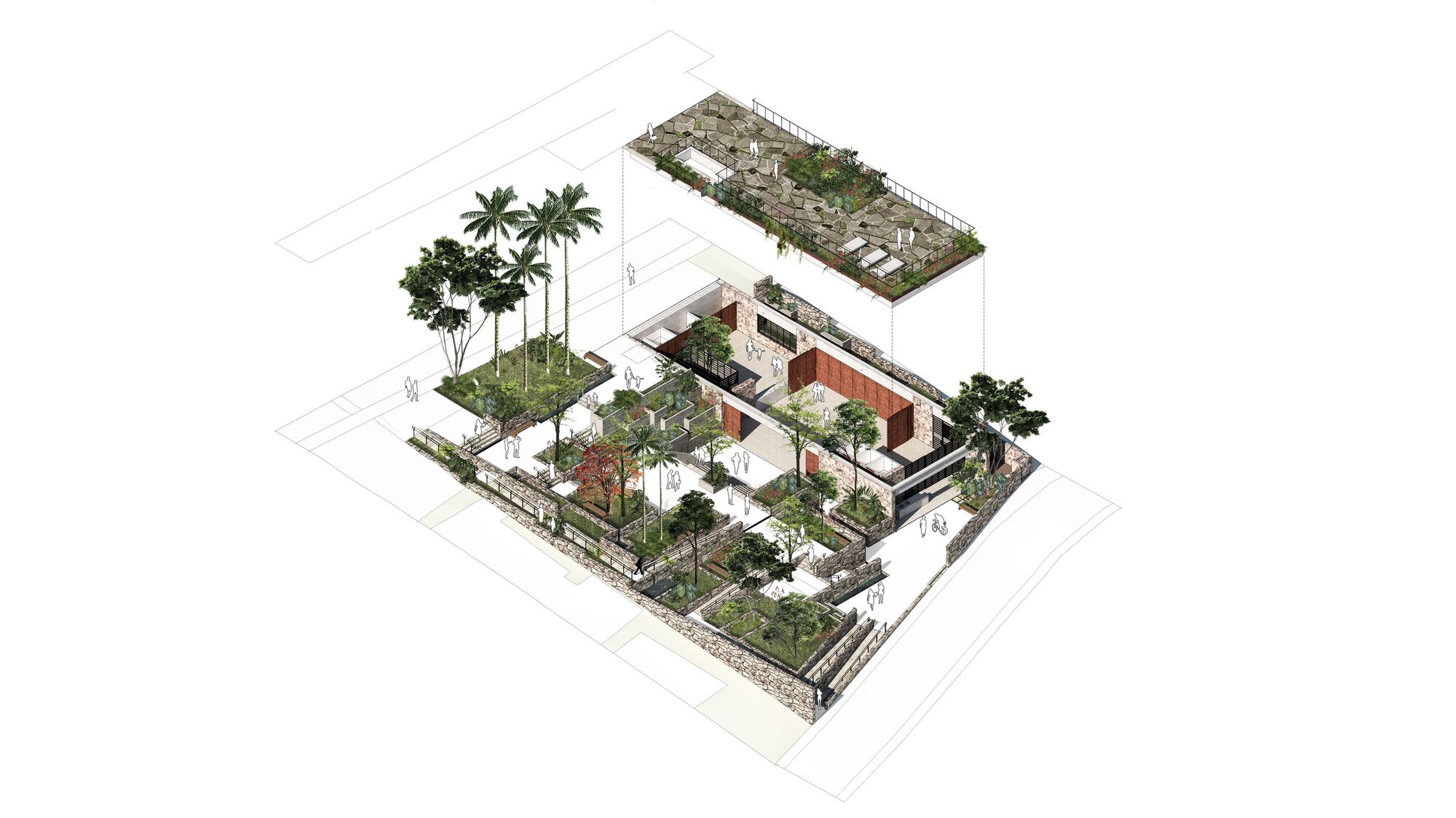 Exploded axonometric drawing of a terraced garden courtyard with stone walls, red panels and a planted roof lifted above