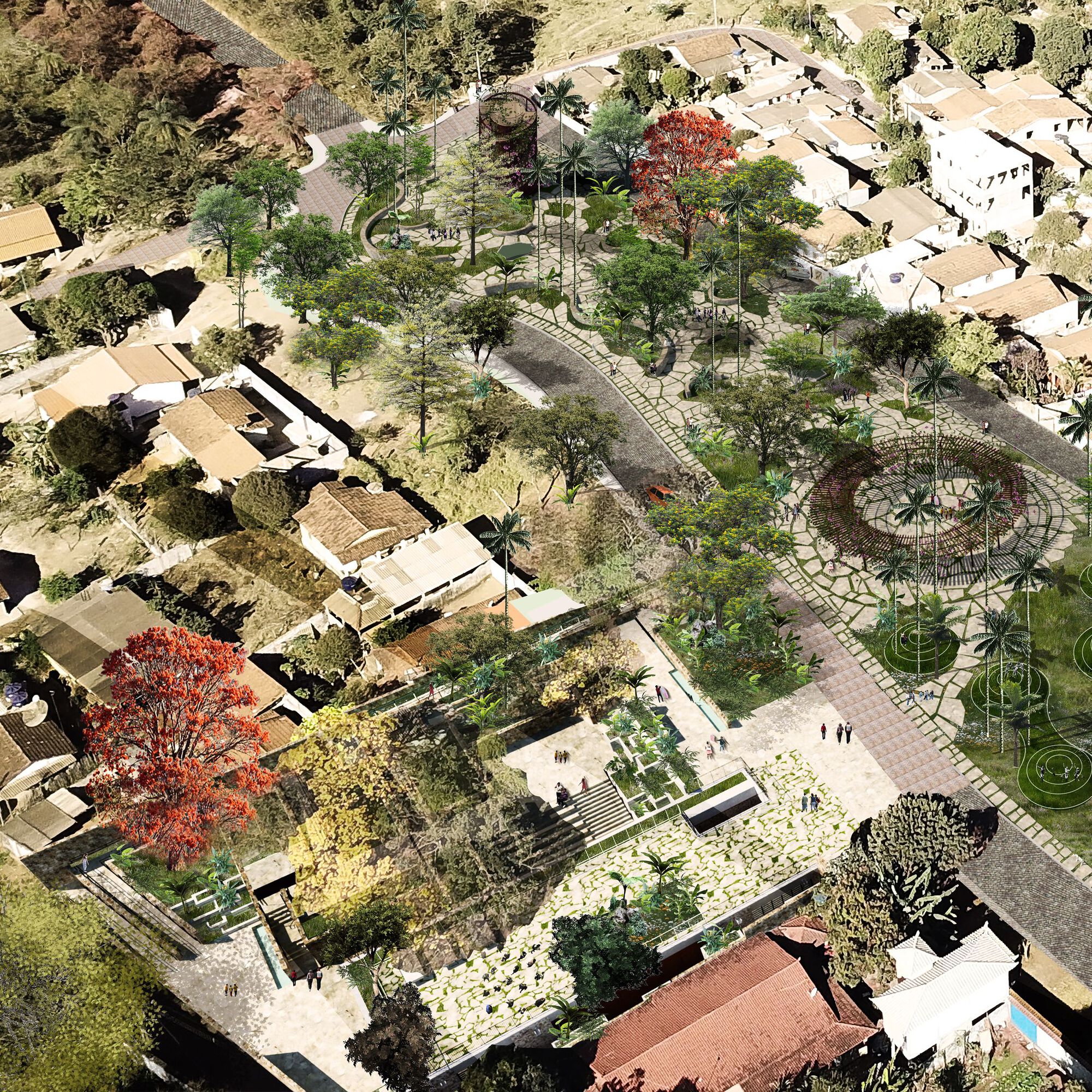 Rendered aerial view of a terraced plaza and circular palm garden among tiled roofs, with a red flowering tree in the foreground