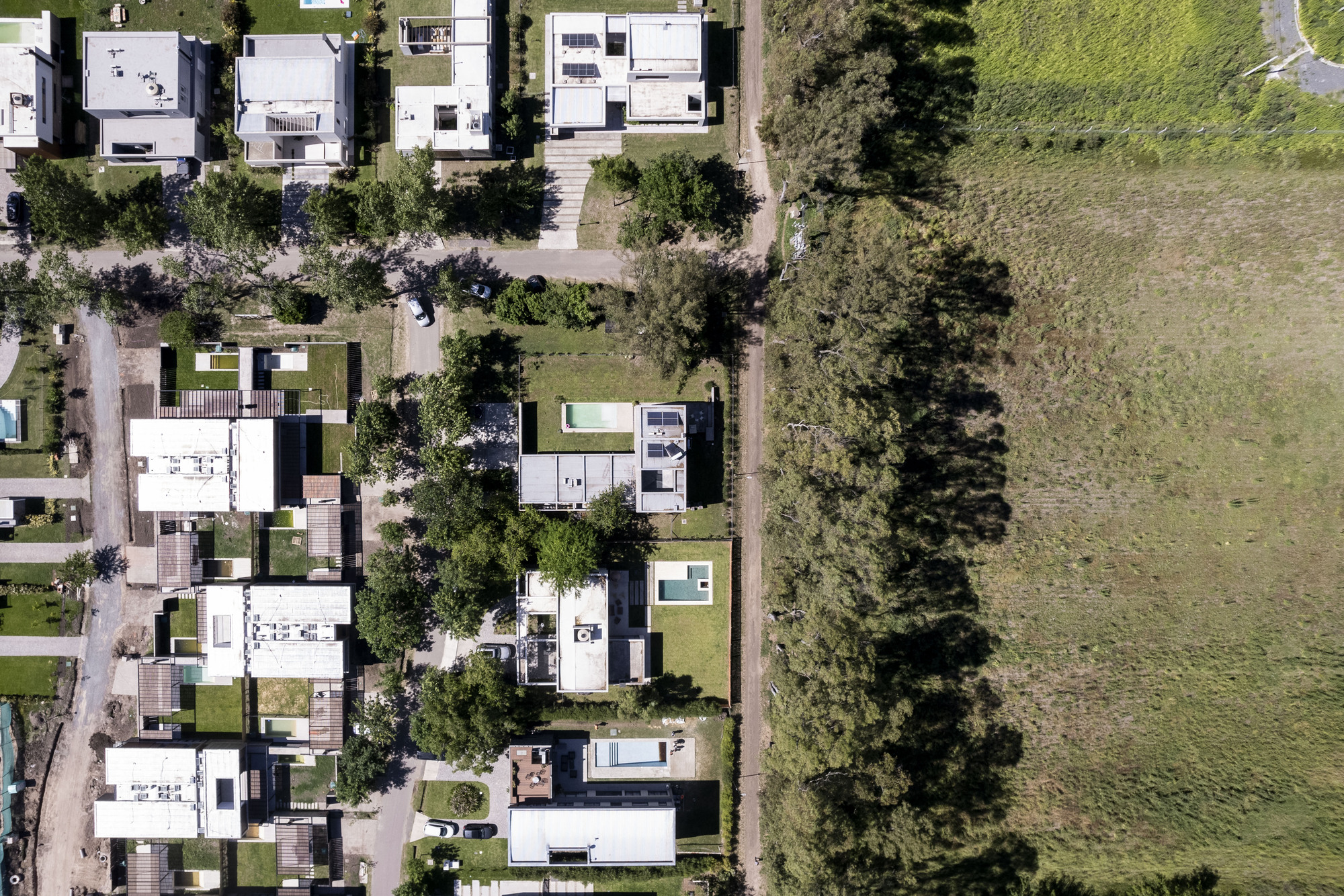 Aerial top-down view of houses with flat roofs and pools along a tree line, bordered by an open green field