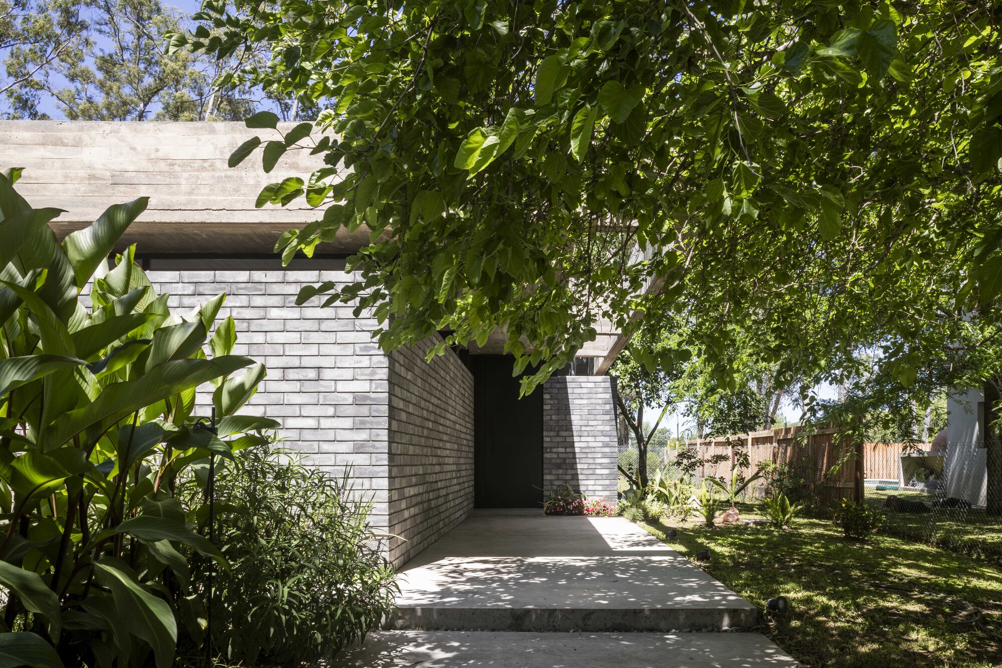 Gray brick entry wall and dark door beneath a board-formed concrete roof, framed by leafy branches and dappled midday sun