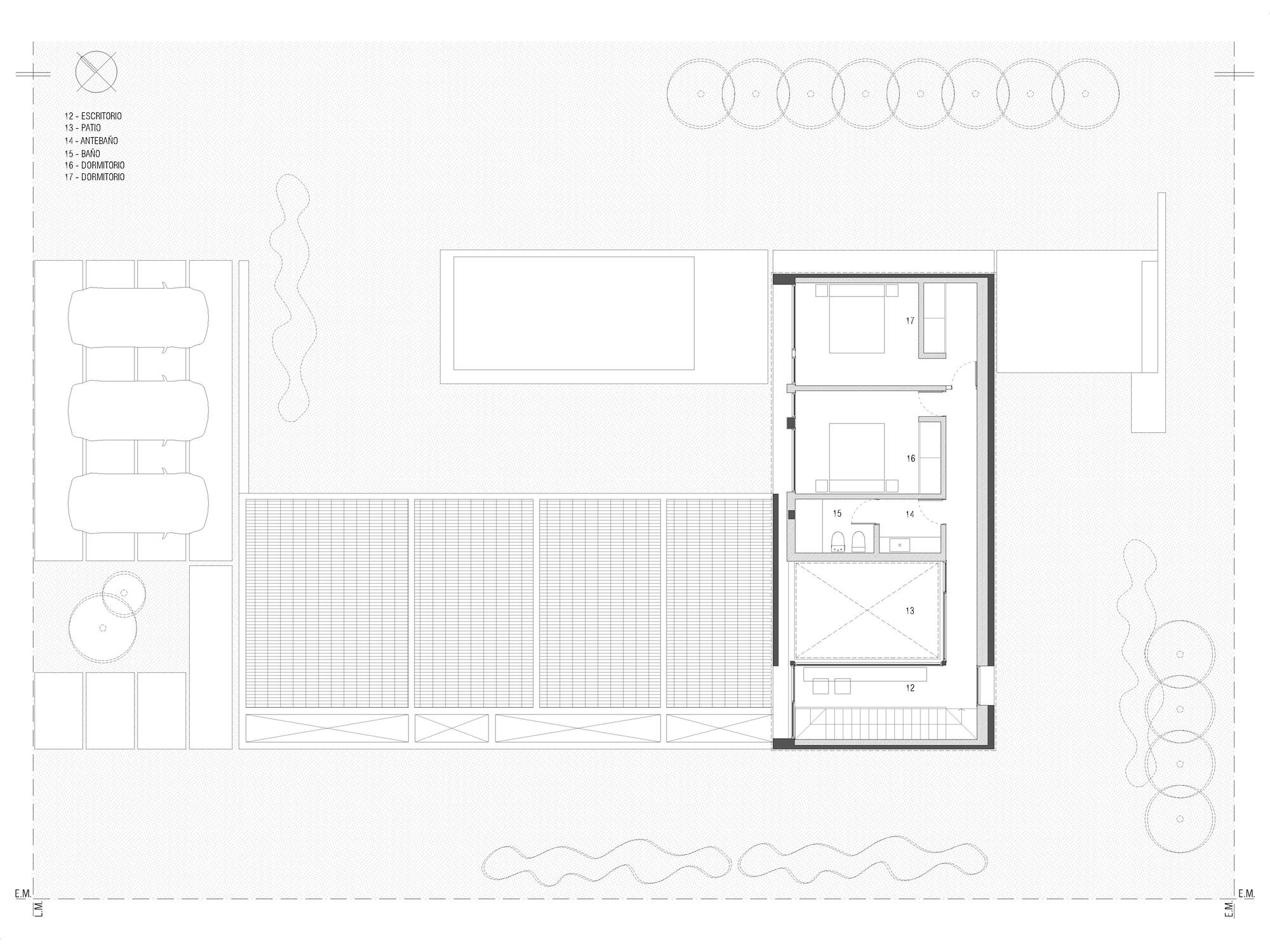 Upper floor plan drawing showing two bedrooms, a bathroom and a patio above a ground floor with pool and parking beside it