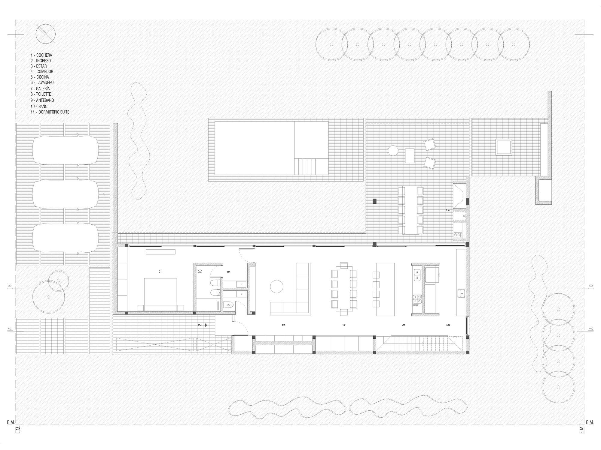 Ground floor plan drawing showing a linear sequence of living, dining and kitchen spaces, a suite, a pool and three parking bays