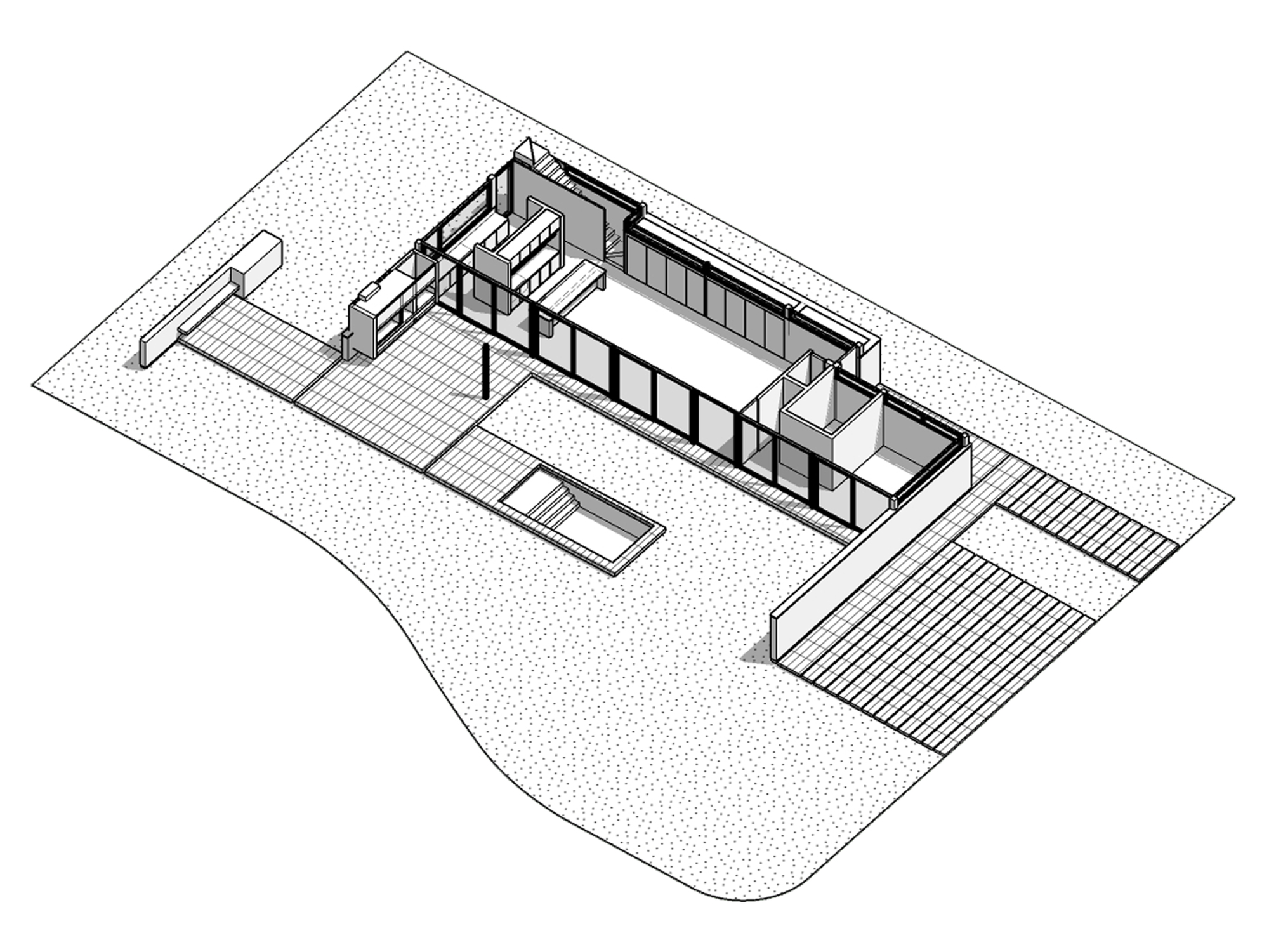 Isometric cutaway drawing of the long glazed ground floor volume, with a pool and timber decks set in the sloping site