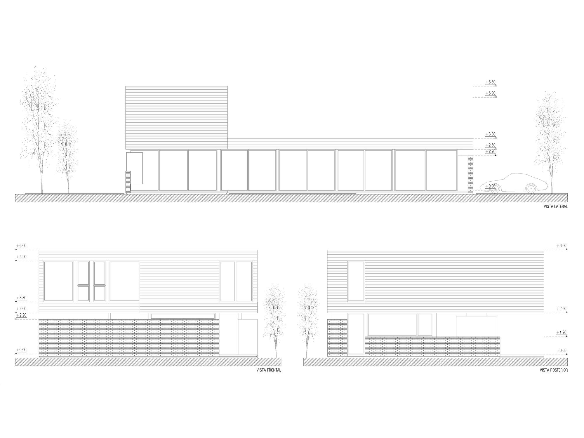 Elevation drawing set showing side, front and rear views of a glazed brick base with a clad upper volume, a car and trees