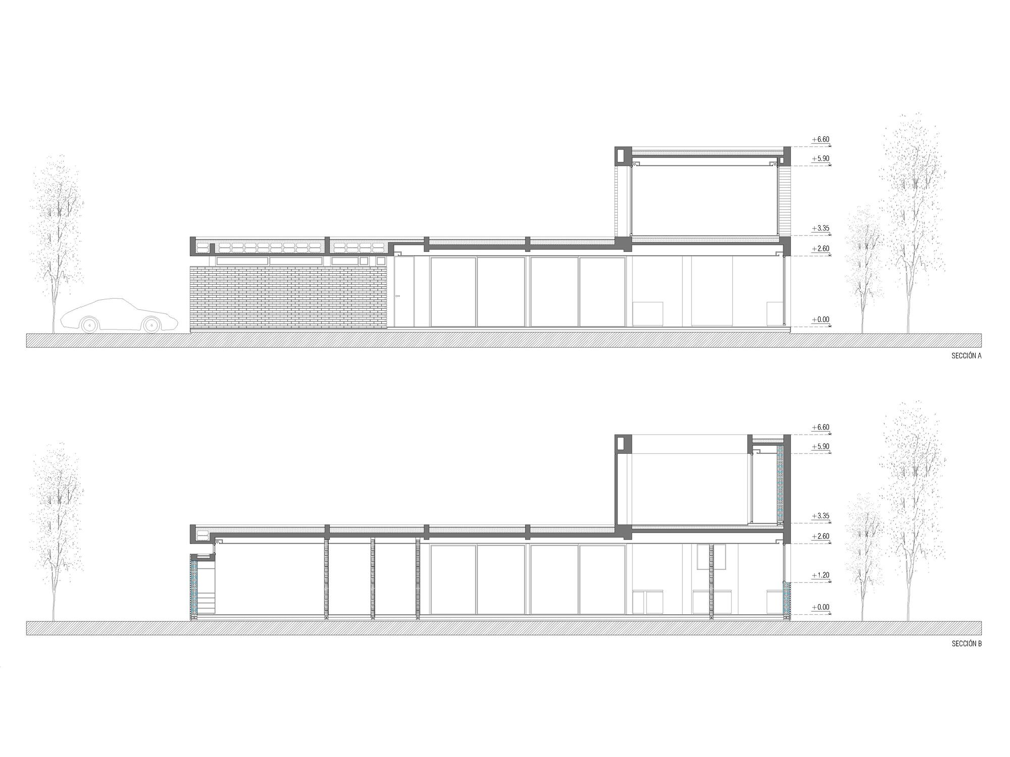 Two building section drawings, A and B, showing a low glazed wing, a brick wall and a raised upper volume beside trees