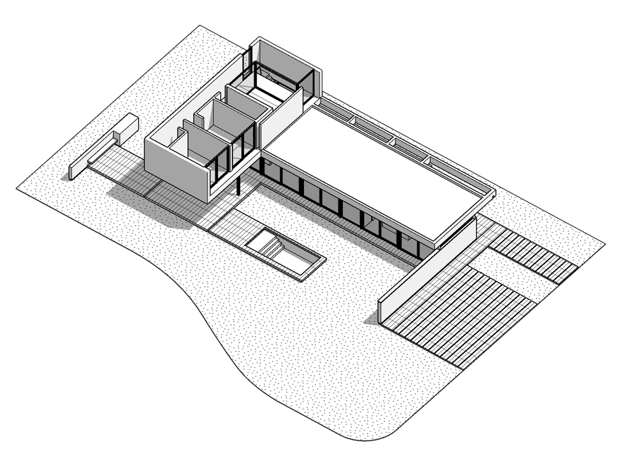 Axonometric drawing of an L-shaped house with the upper roof removed, exposing rooms, a sunken pool and timber decks on a stippled site