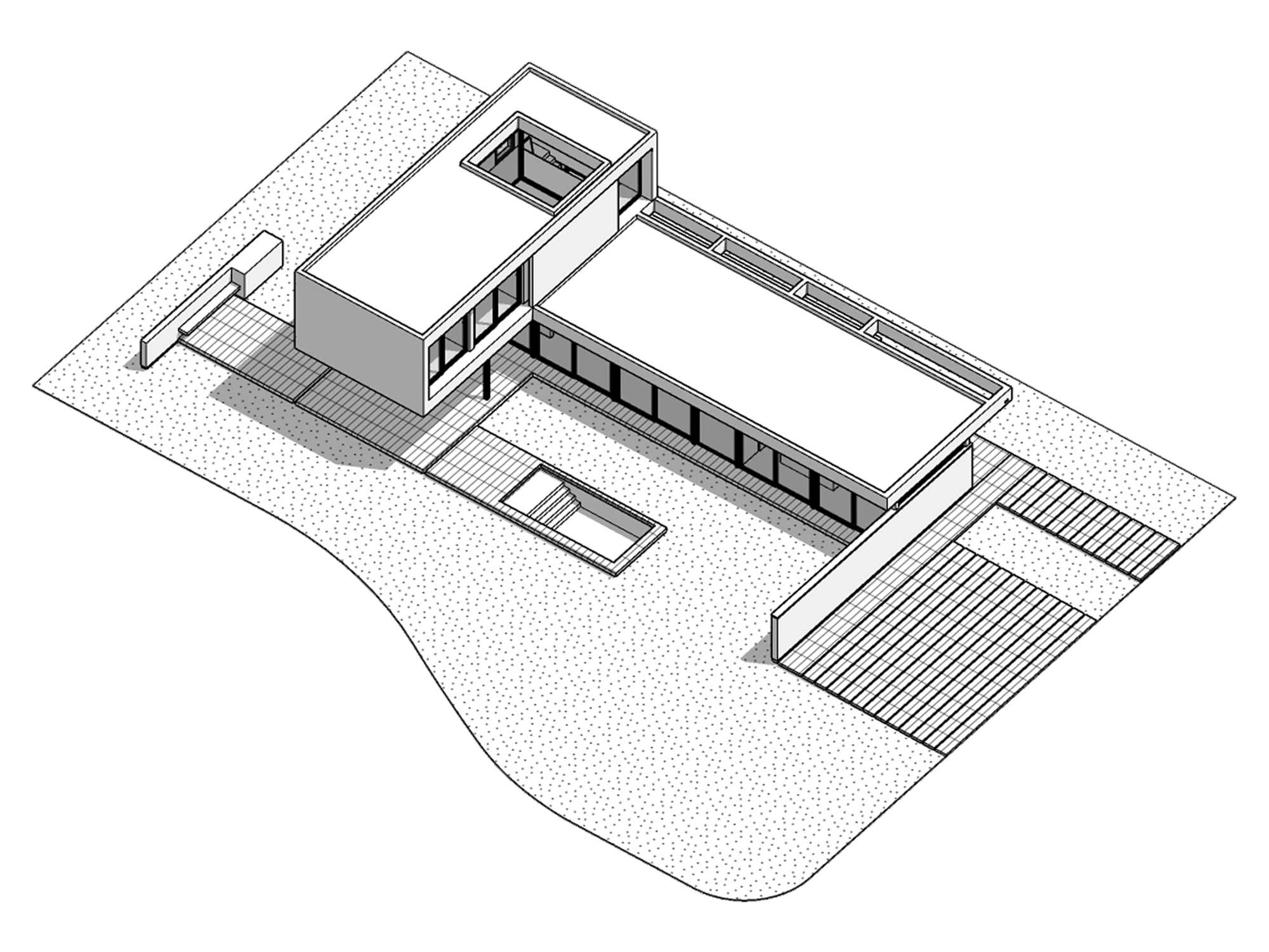 Axonometric drawing of the same L-shaped house with its upper volume roofed, showing a small roof opening, a pool and decking on the site