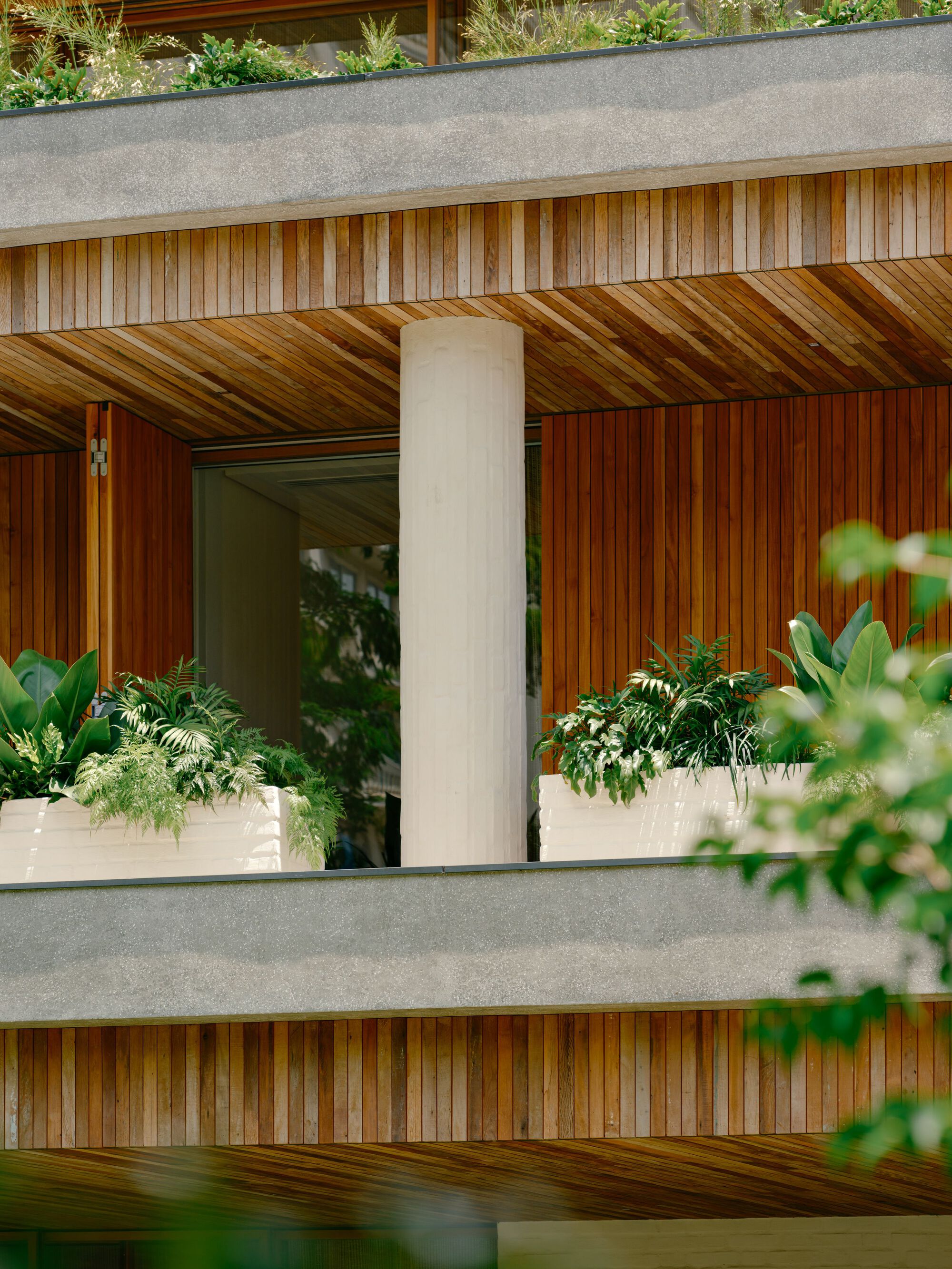 Round concrete column between stacked timber-clad balconies with white planter boxes of ferns, softened by leaves in the foreground