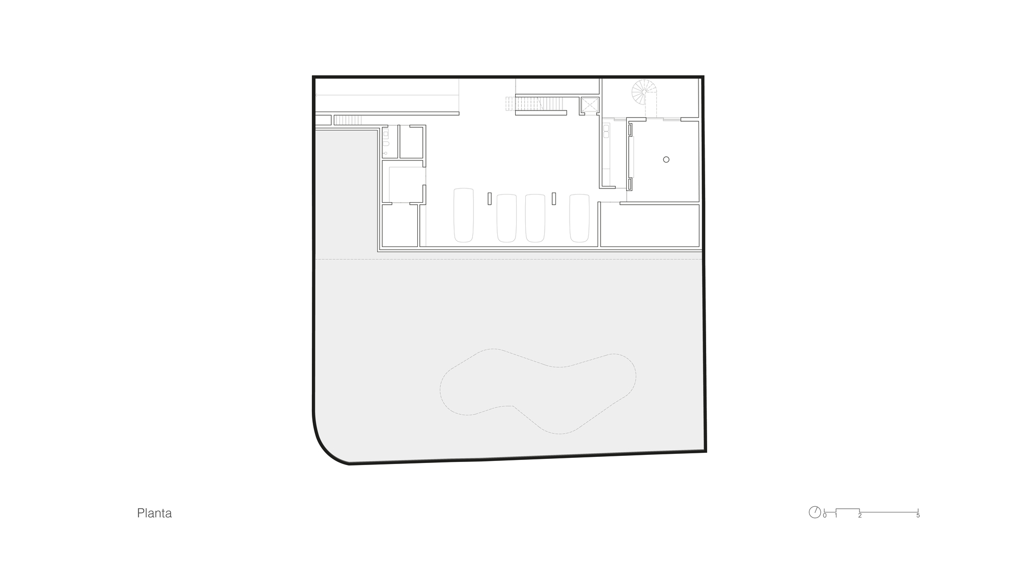 Ground floor plan drawing showing a four-car garage and service rooms beside a lawn with a kidney-shaped pool