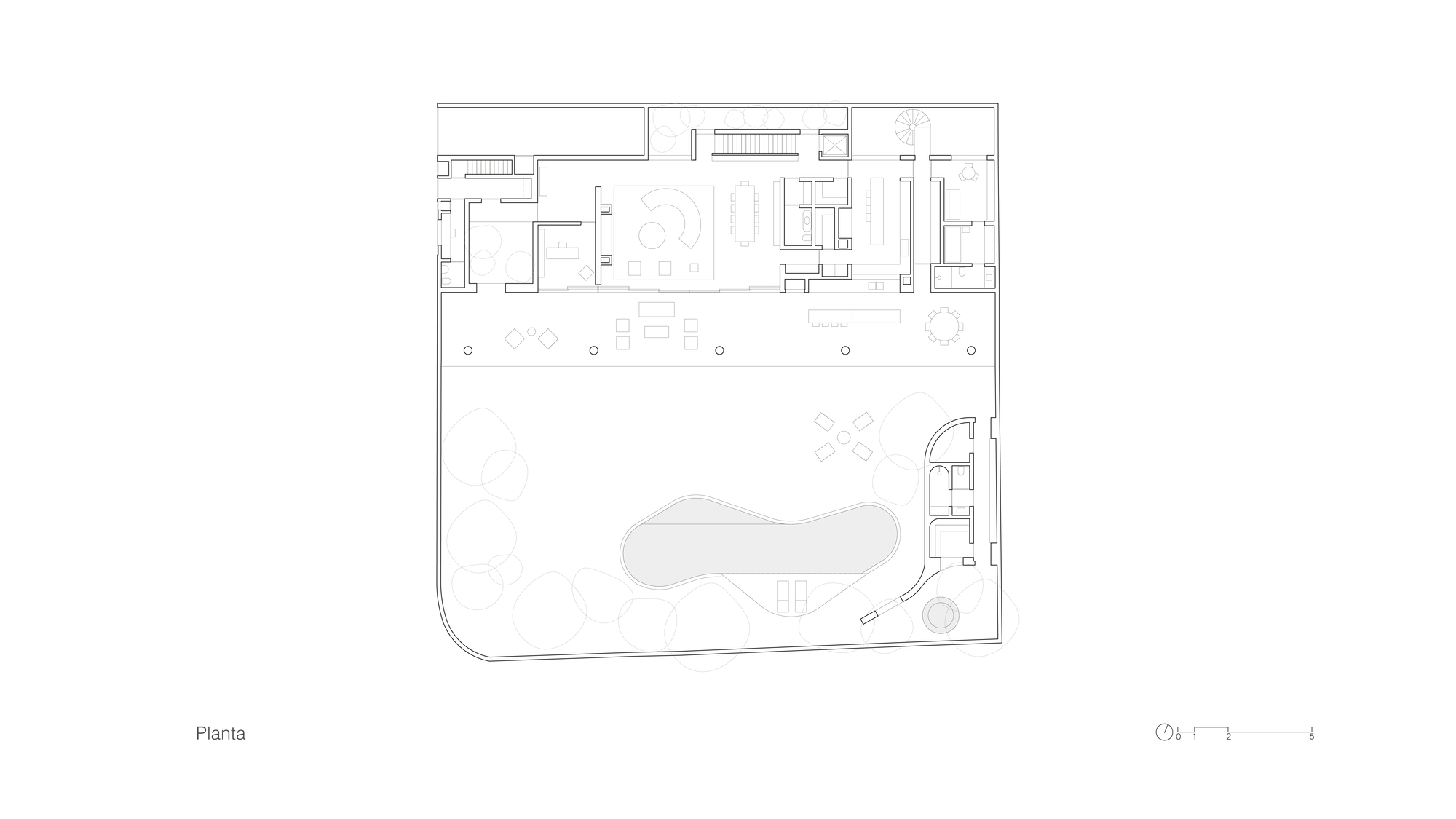 Plan drawing of the main living level with open lounge and dining areas opening to a terrace, pool and scattered trees