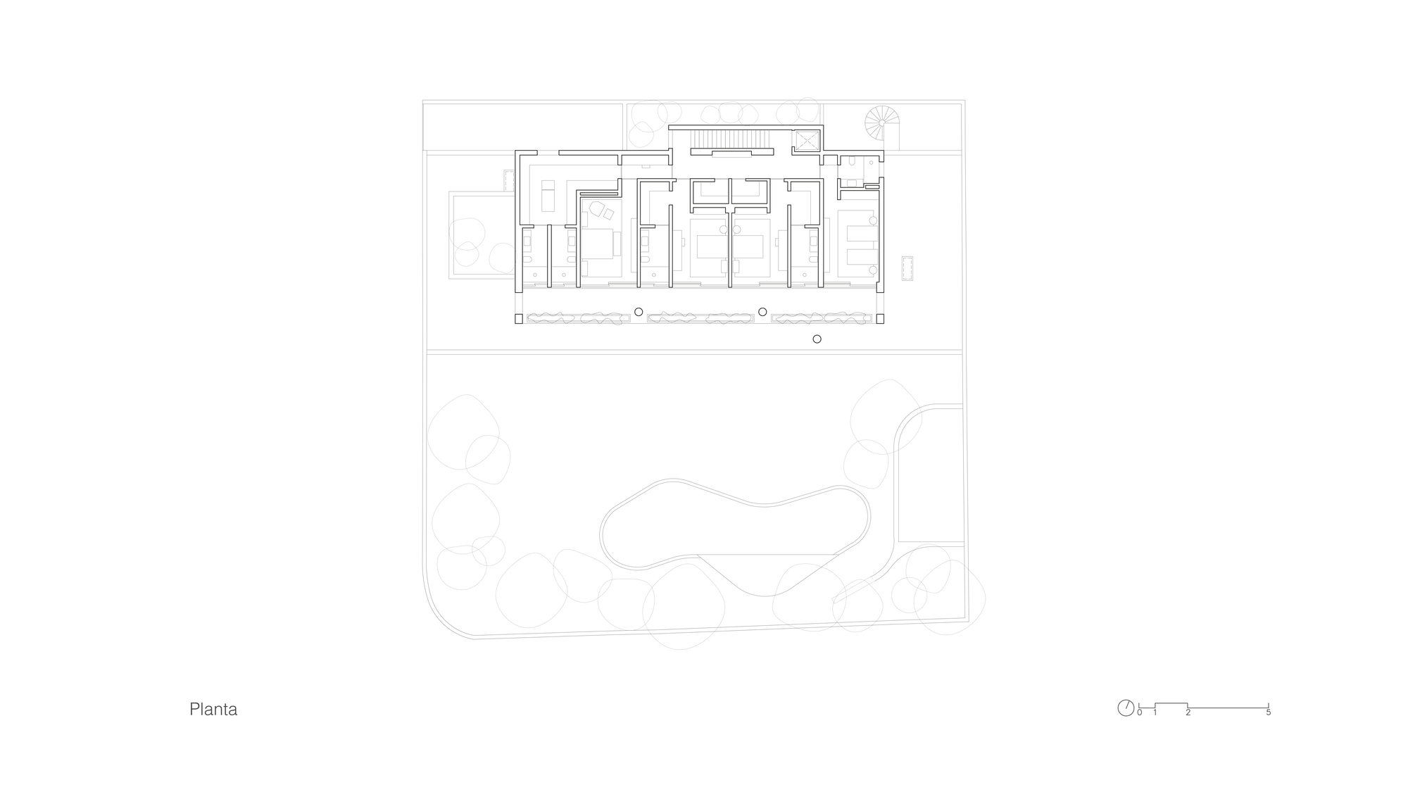 Upper floor plan drawing showing a row of bedrooms along a narrow band above the garden and pool outline