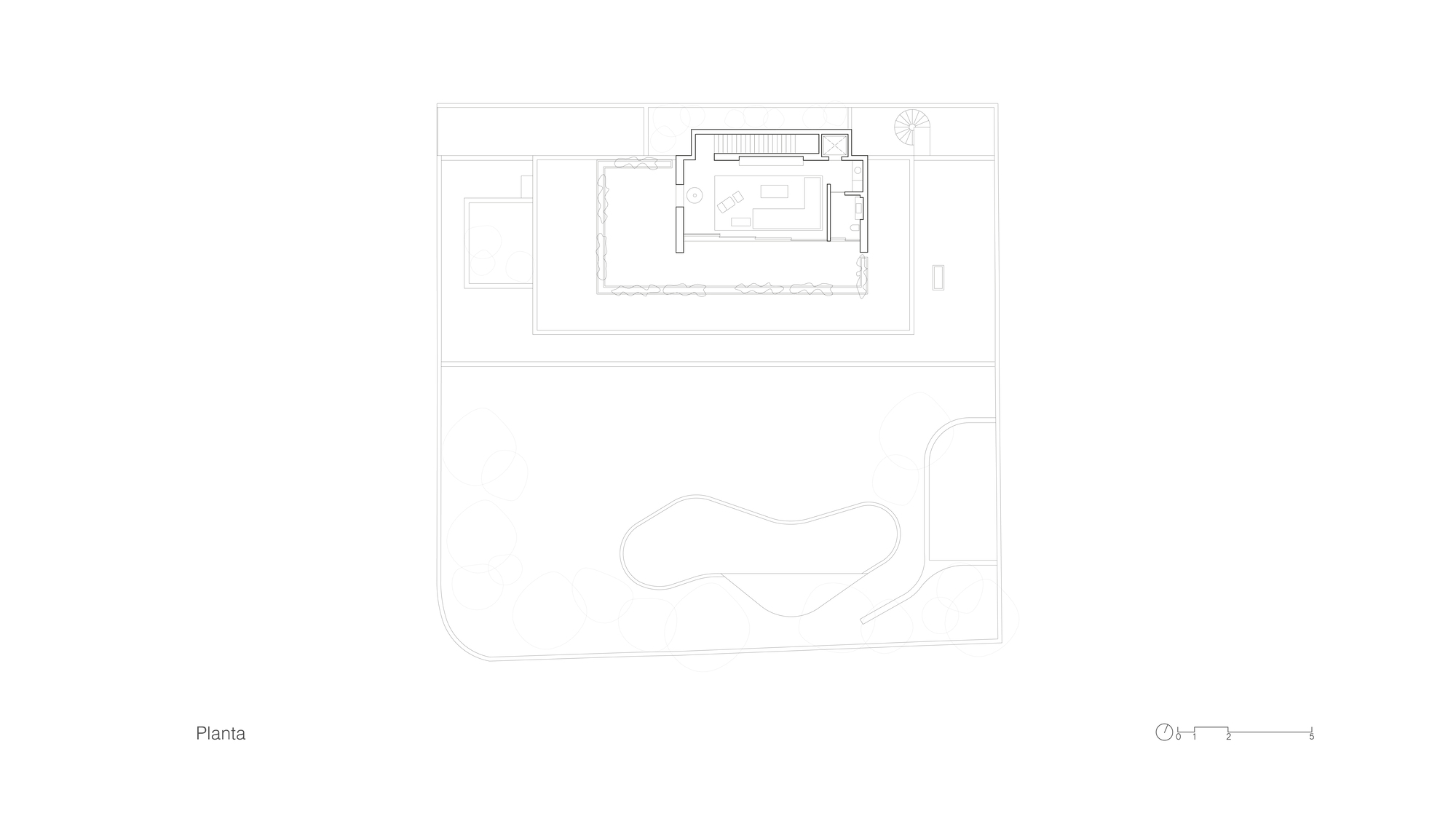 Roof level plan drawing showing a small rooftop volume with a green perimeter, set above the lower floors and pool garden