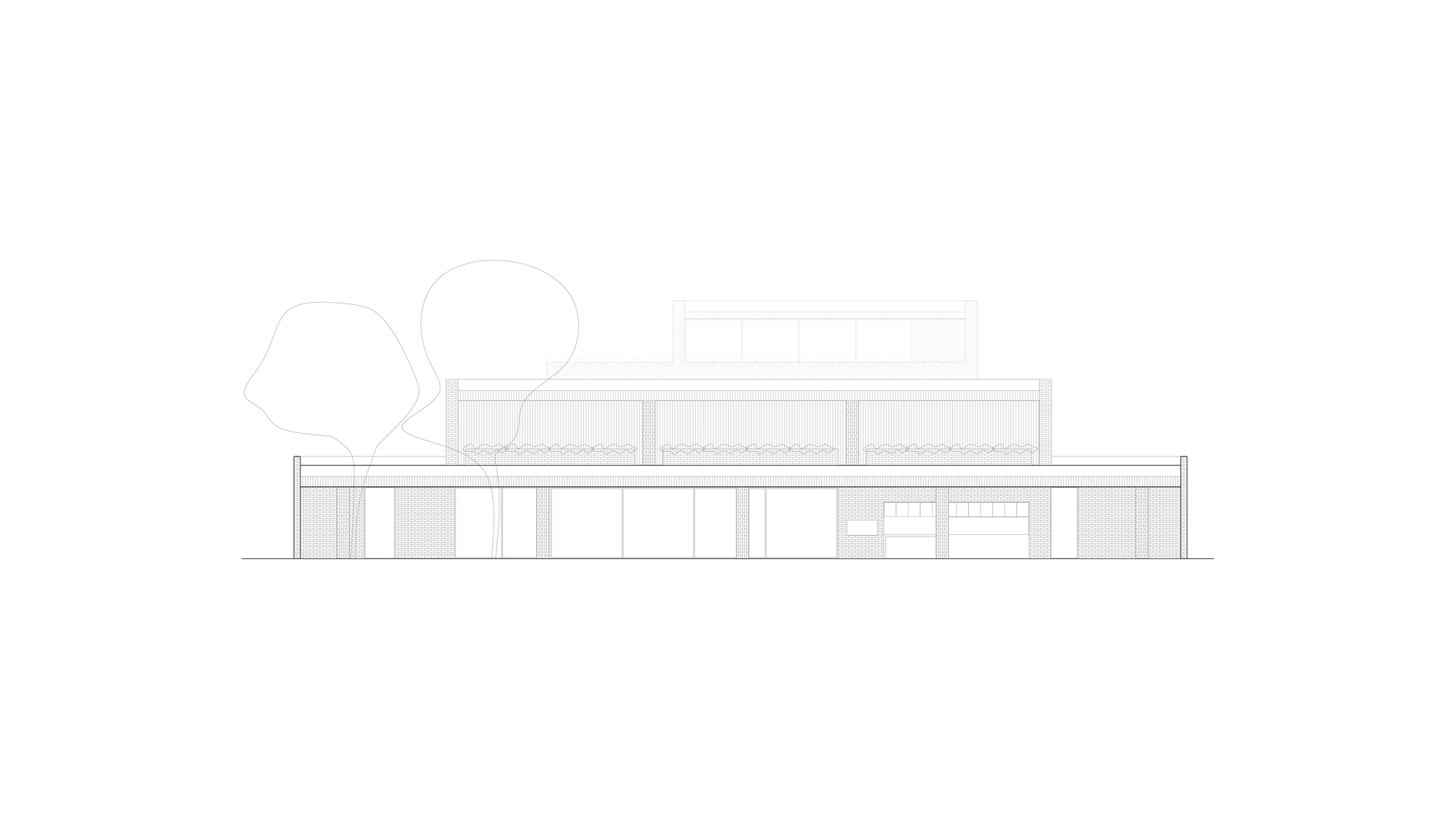 Elevation drawing of the street facade with a long flat canopy, garage doors, stepped upper floors and two outlined trees