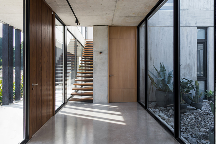 Concrete-floored corridor with a floating timber stair and glazed gravel courtyard of potted agaves, with sunlight streaking across the floor