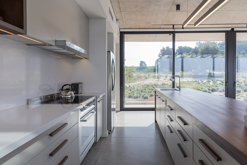Kitchen with a walnut-topped island and white cabinets facing floor-to-ceiling glazing, concrete ceiling above and a dry planted landscape in bright daylight