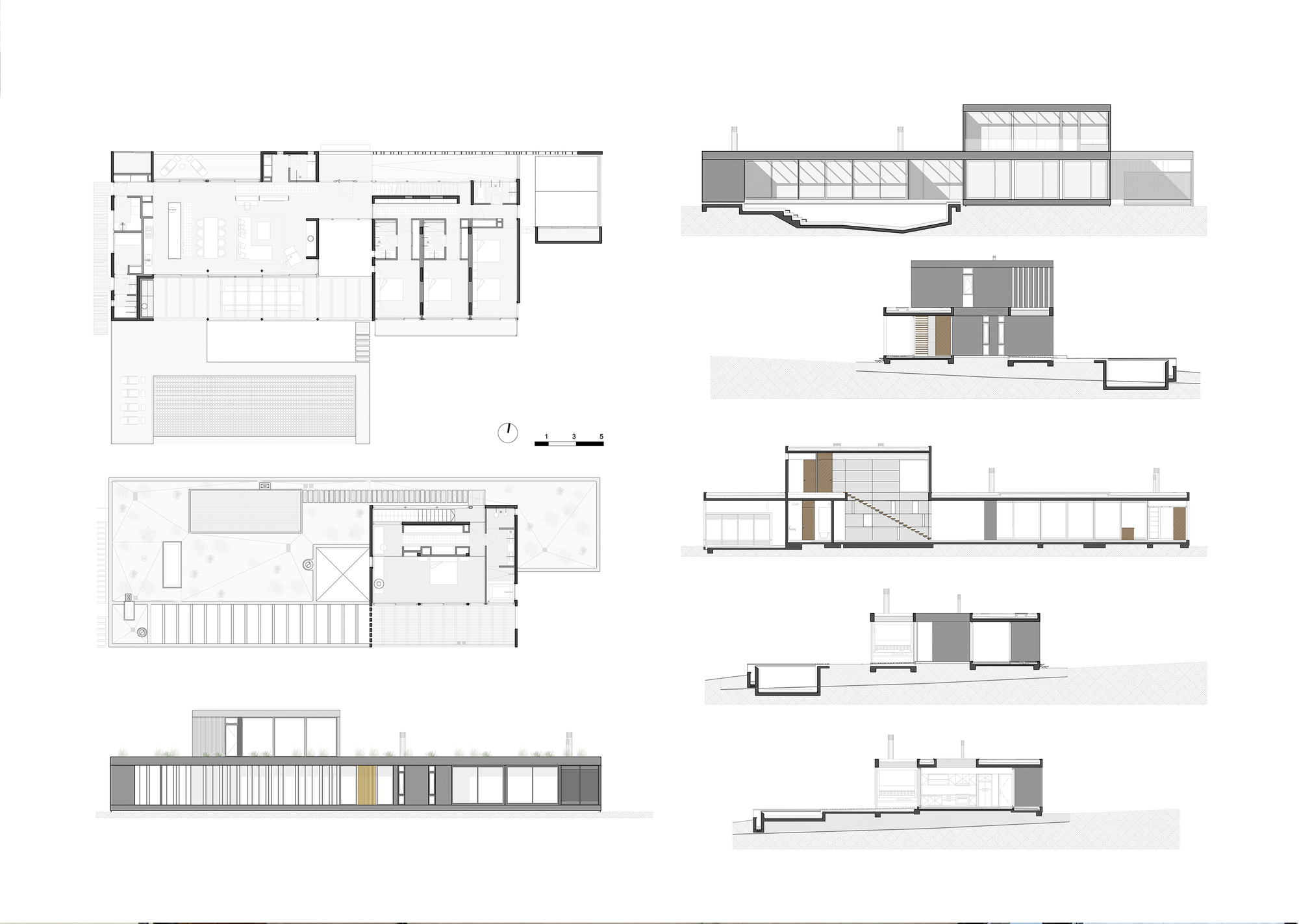 Drawing sheet combining ground and upper floor plans, a front elevation and several sections of a long low house with a rooftop volume