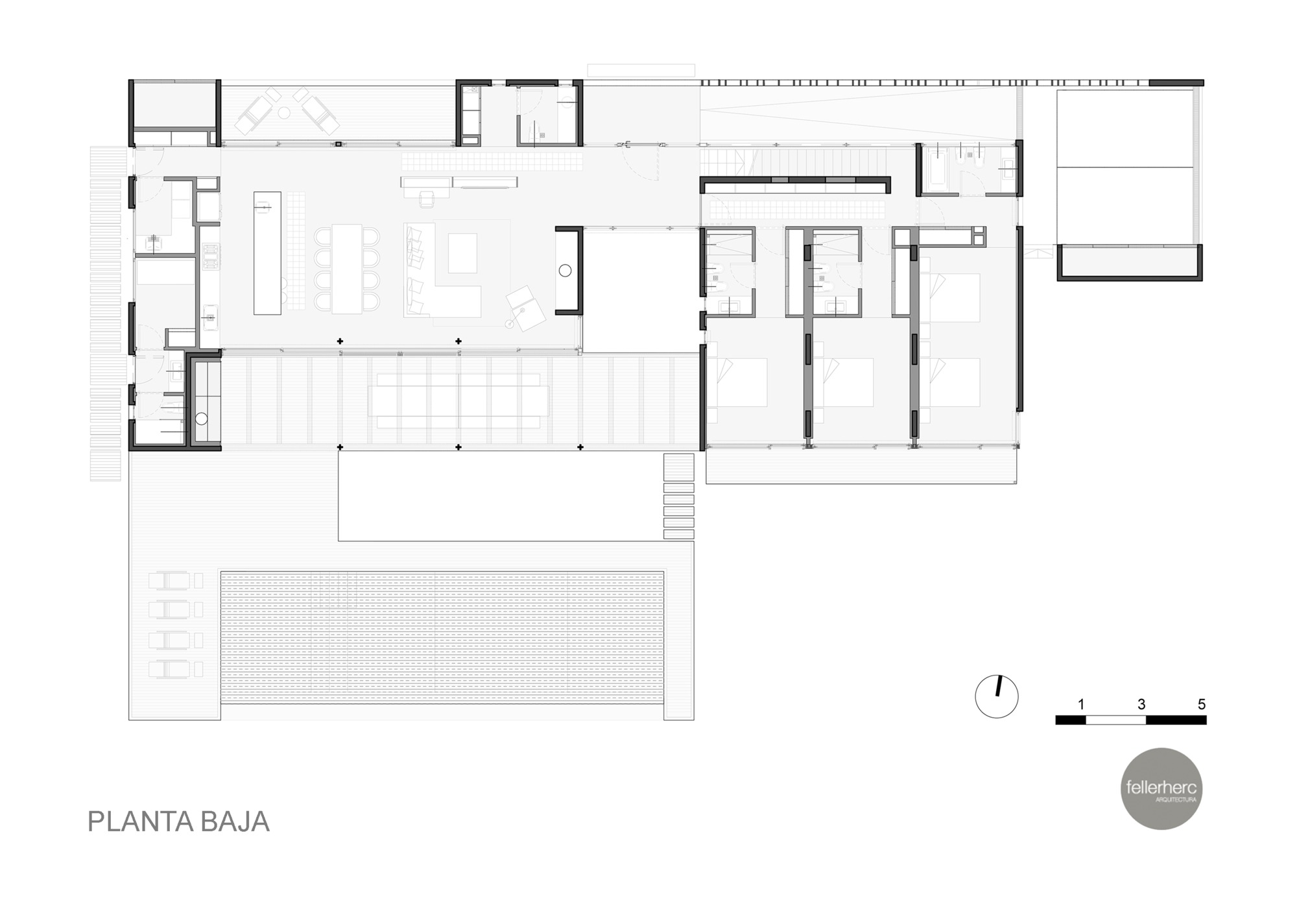 Ground floor plan drawing showing the open living and kitchen wing, three bedroom suites, a long pool and a paved parking court