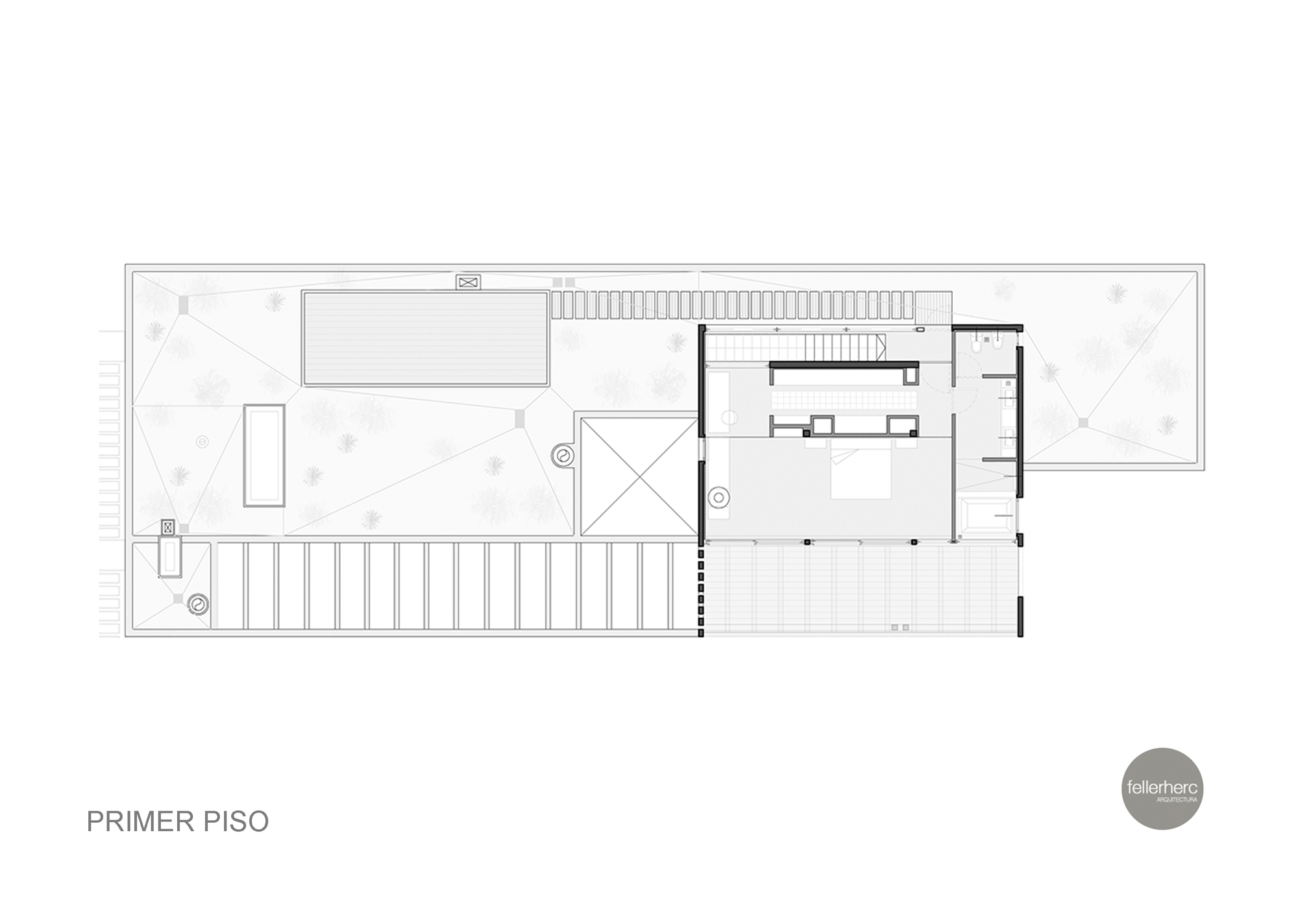 Upper floor plan drawing showing a single bedroom volume, stair and bathroom set on a roof terrace with a pool and planting
