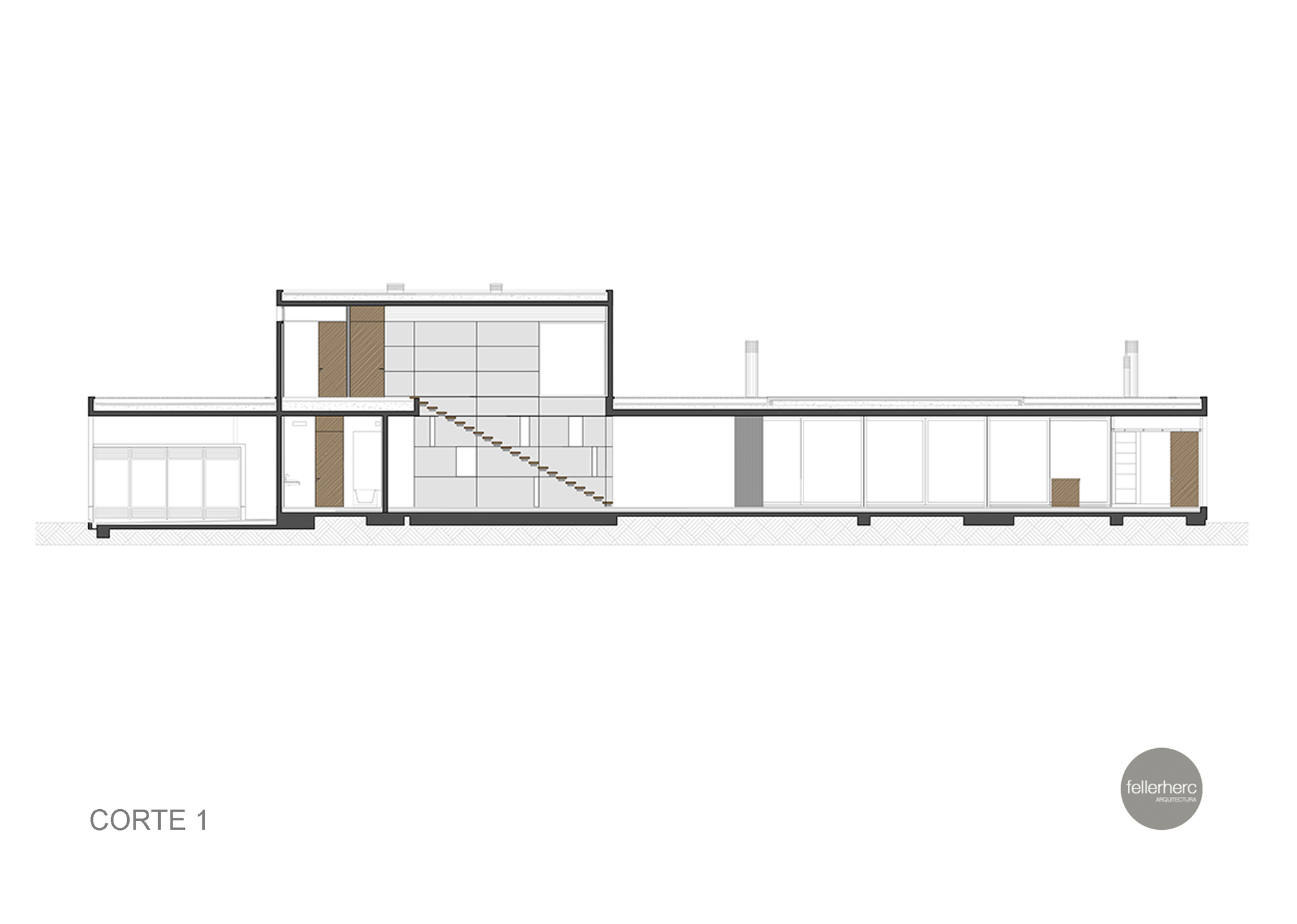 Section drawing cutting through a two-storey block with a diagonal stair and a long single-storey wing with glazed openings and chimneys