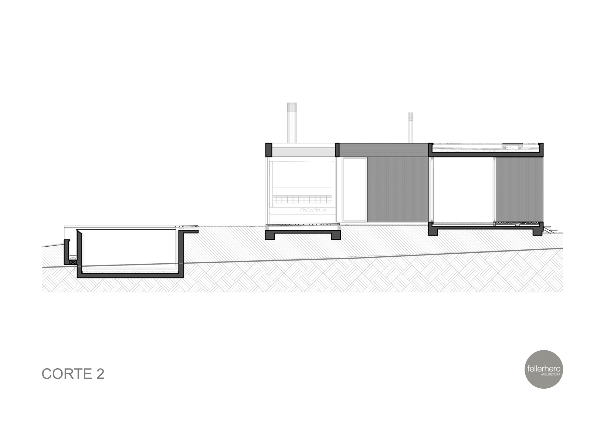 Section drawing of a low volume stepping down a sloping site, with a sunken pool at left and two chimney flues above