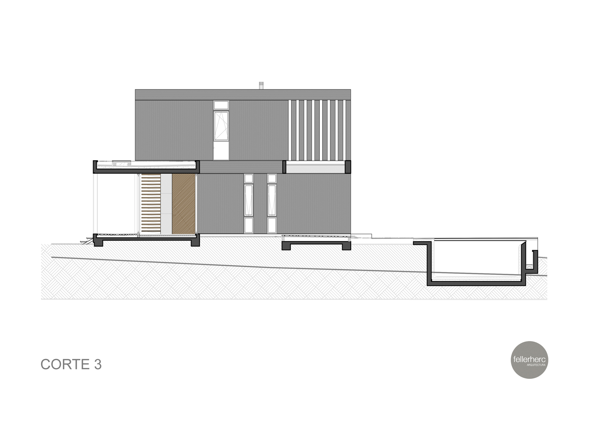 Section drawing of a two-storey house with vertical slat openings, a timber-clad panel and a sunken pool cut into the sloping ground