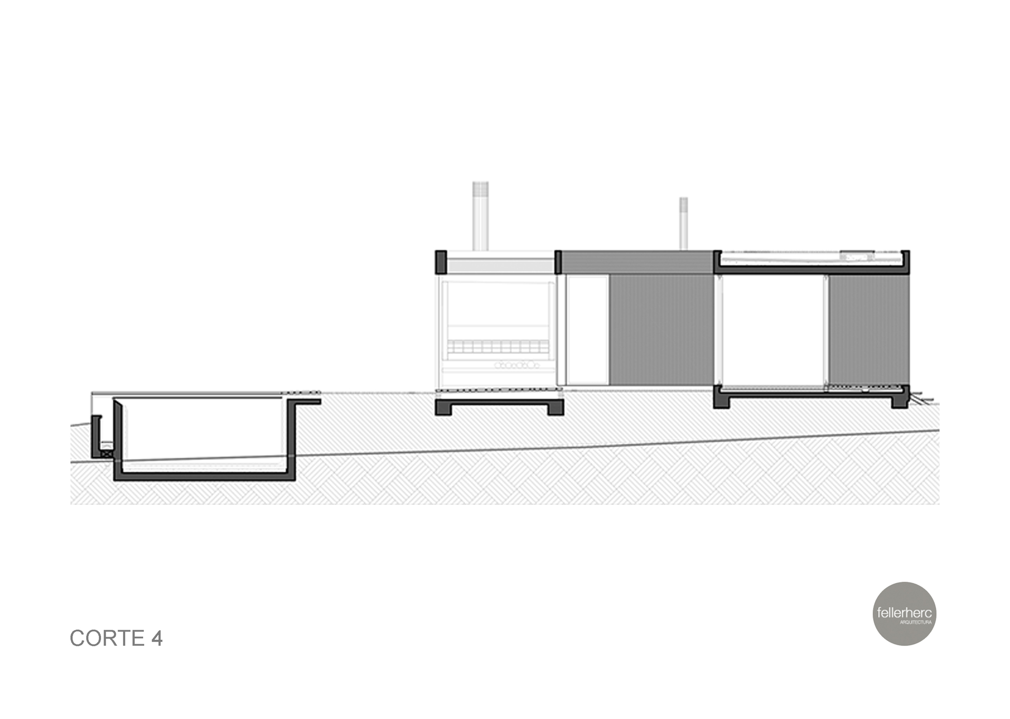 Section drawing of a single-storey volume with an open grill hearth and chimney flues, set beside a sunken pool on sloping ground