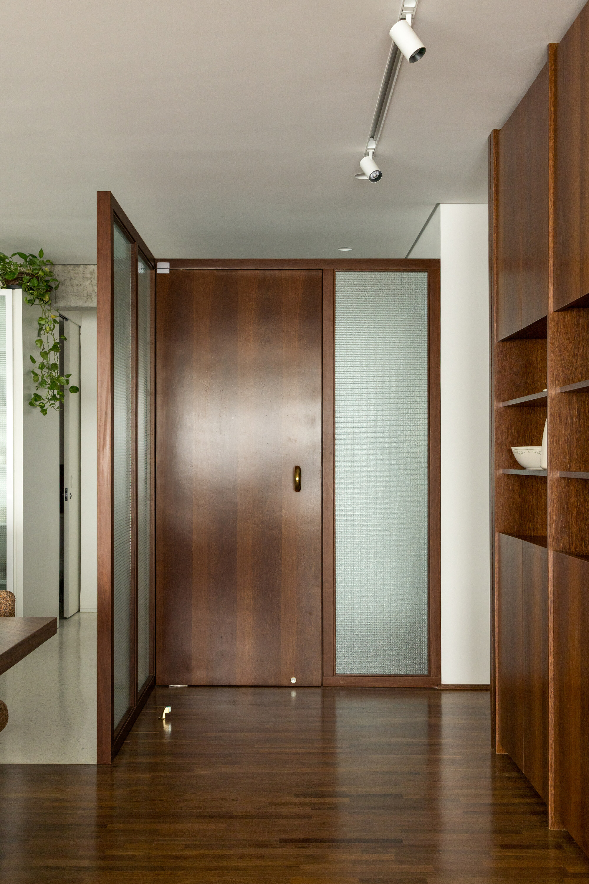 Timber pivot door beside a ribbed glass panel, with a walnut shelving wall and track lights over a dark wood floor