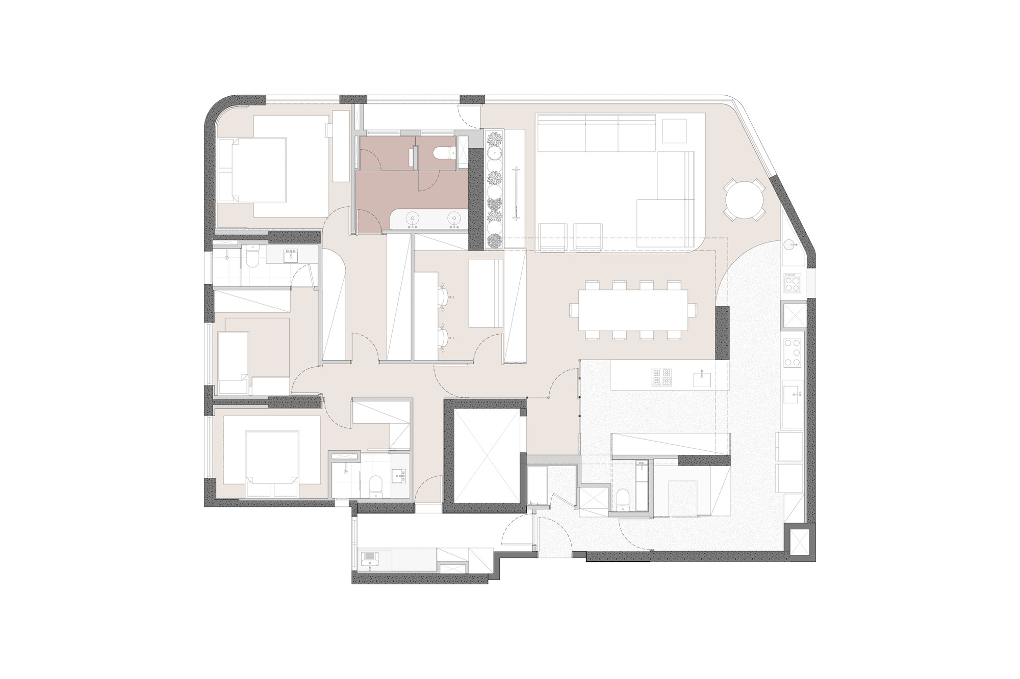 Furnished floor plan drawing of an apartment with bedrooms, bathrooms, central core, dining table, living area and kitchen along the curved corner