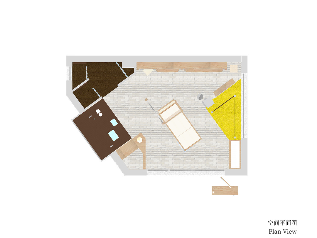Colored plan view drawing of a shop interior with a central daybed, yellow corner zone, brown fitting rooms and a long timber shelf