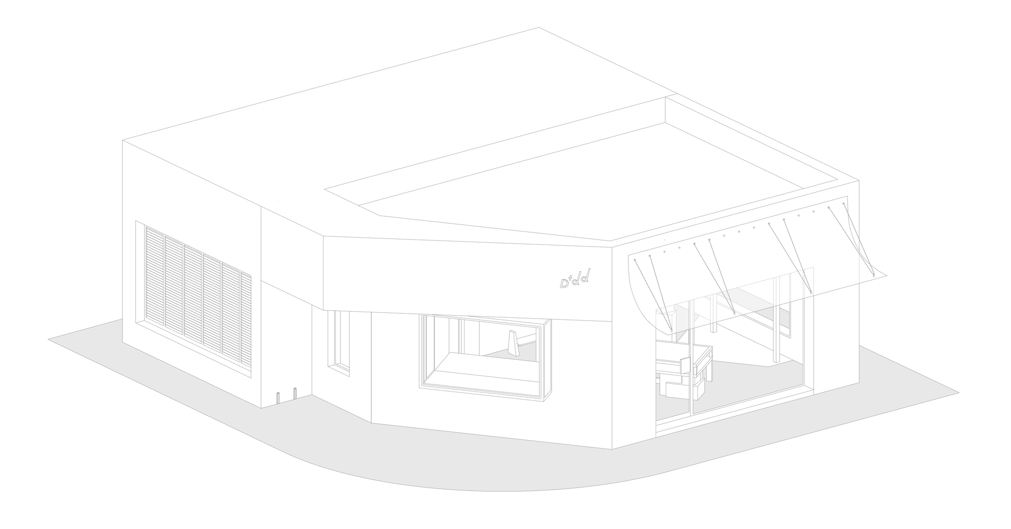 Axonometric line drawing of the corner shop showing louvered side window, angled facade, glazed entrance and a canopy with tensioned ties