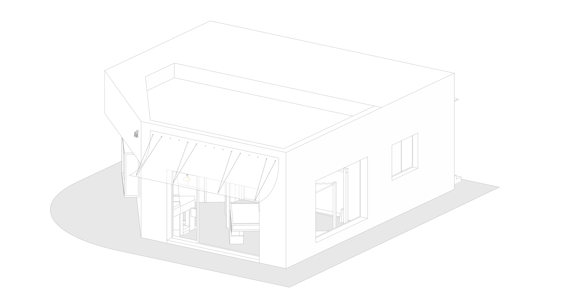 Axonometric line drawing from the opposite corner showing the glazed entrance under a canopy, a side window and the curved paved edge