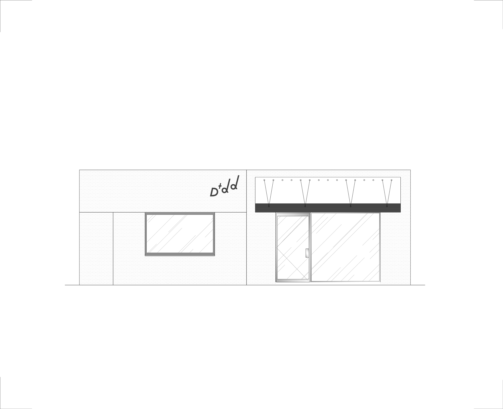 Elevation drawing of the shopfront with a framed window, sign lettering, glazed door and dark canopy band with tie rods